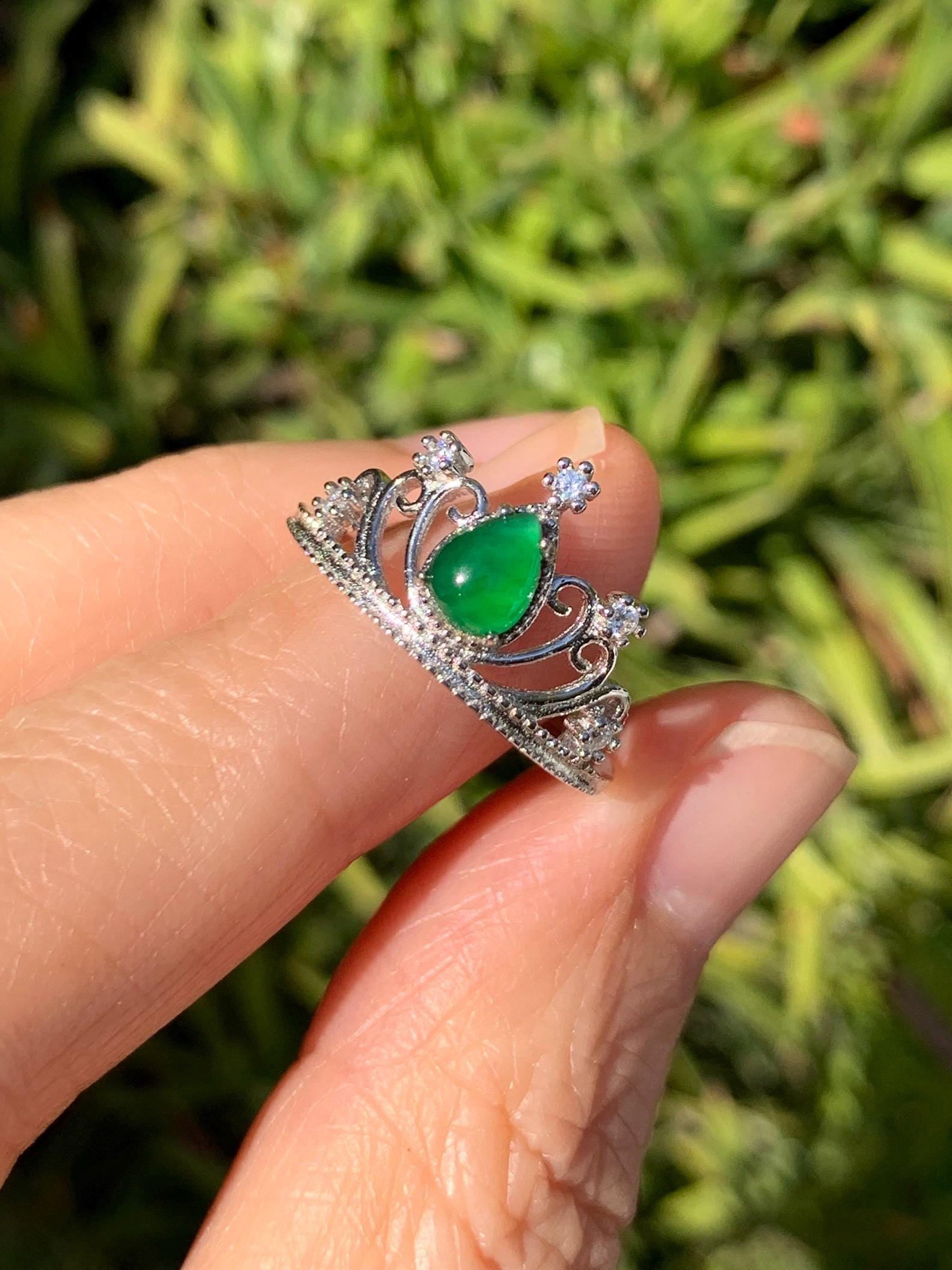 Natural Grade A Guatemalan Icy Translucent Vibrant Green Jade Jadeite Crown Ring Sterling Silver Size Adjustable 天然冰危绿翡翠皇冠戒指 WHG77