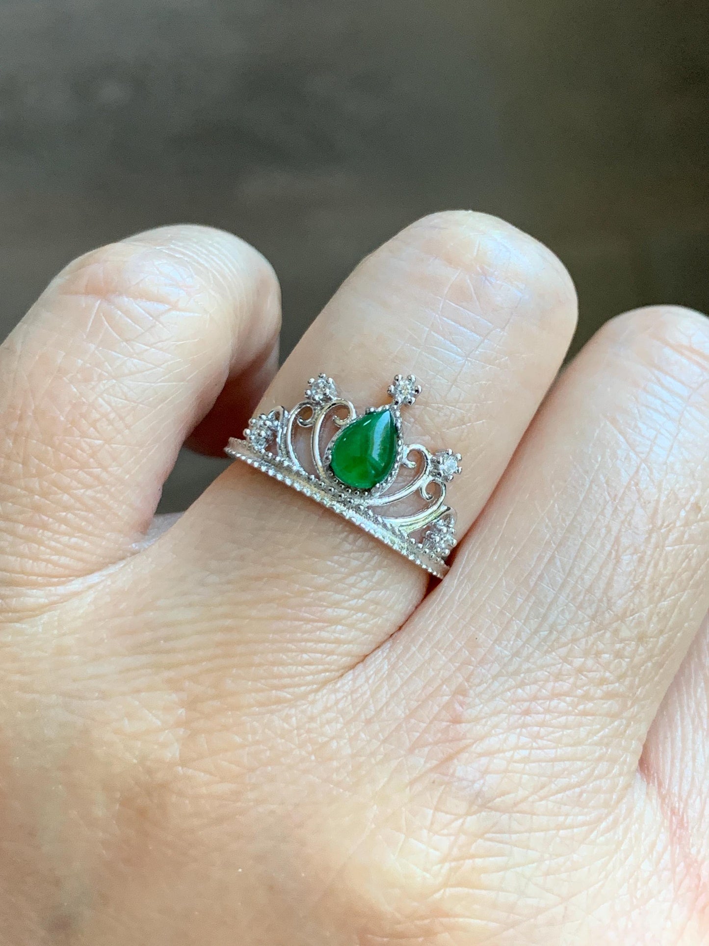 Natural Grade A Guatemalan Icy Translucent Vibrant Green Jade Jadeite Crown Ring Sterling Silver Size Adjustable 天然冰危绿翡翠皇冠戒指 WHG77
