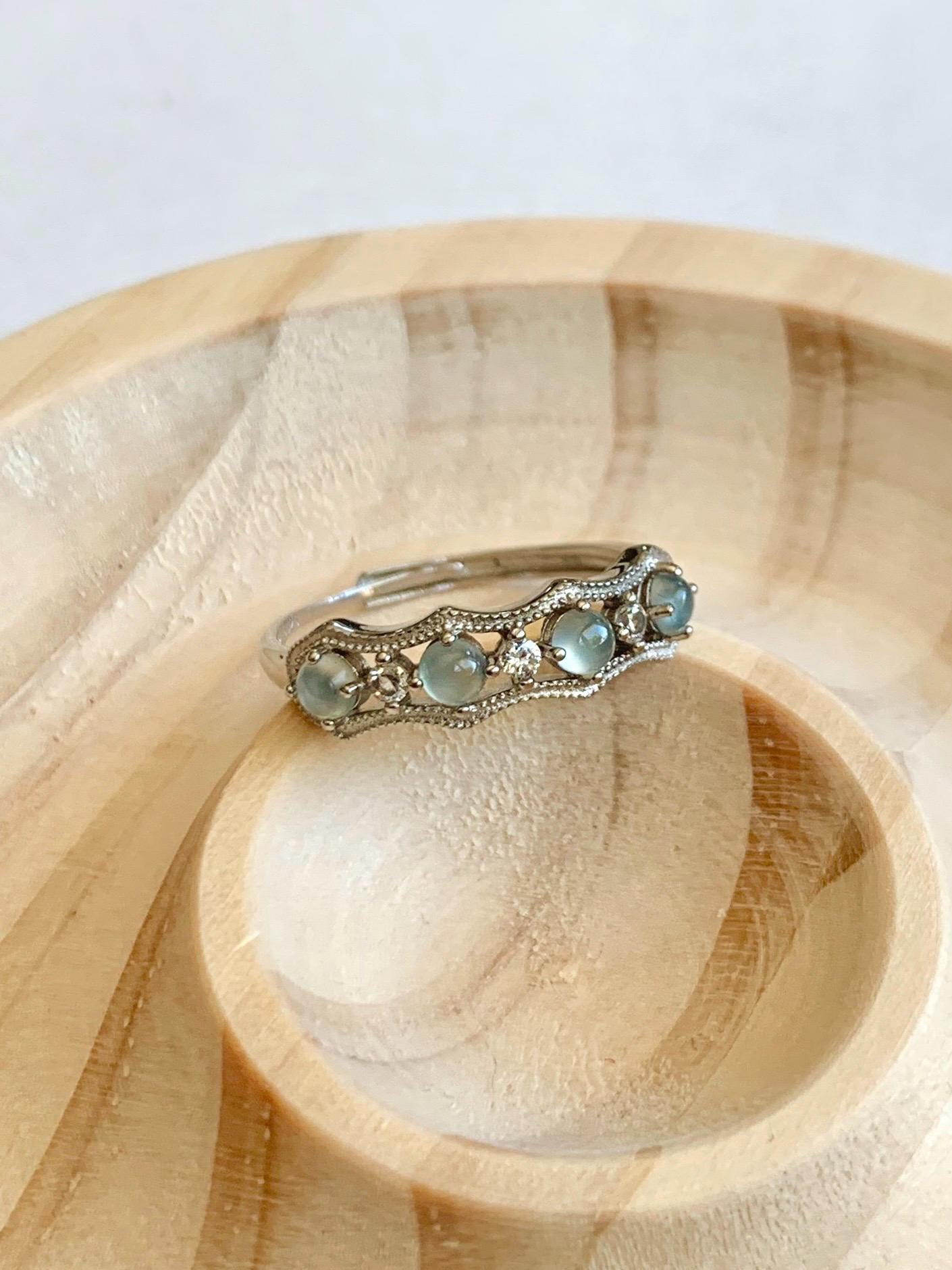 Natural Grade A Guatemalan Icy Highly Translucent Pale Blue Jade Jadeite 4-Stone Band Ring Sterling Silver Size Adjustable 天然冰危淡蓝翡翠排戒 WQLP68