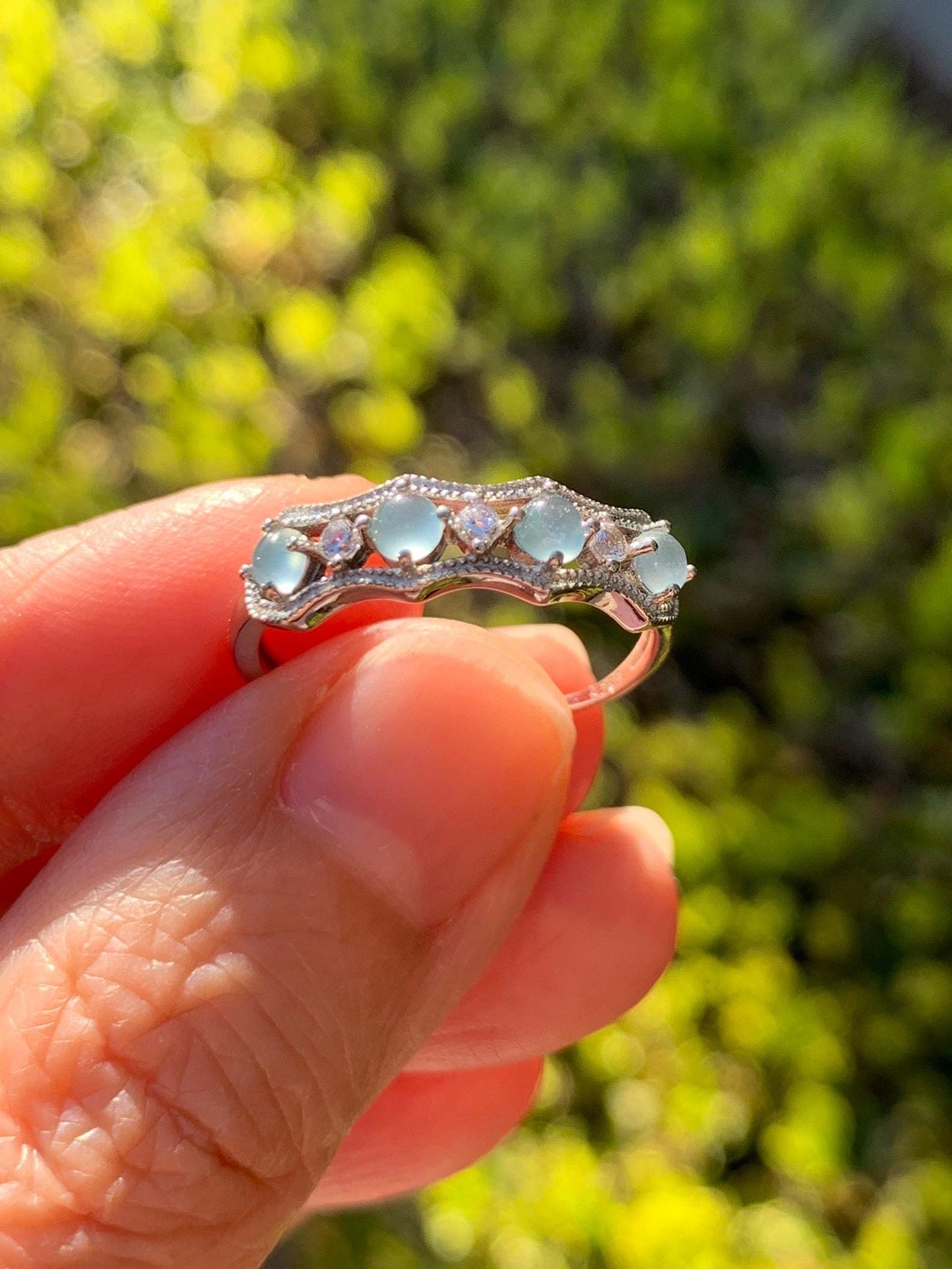 Natural Grade A Guatemalan Icy Highly Translucent Pale Blue Jade Jadeite 4-Stone Band Ring Sterling Silver Size Adjustable 天然冰危淡蓝翡翠排戒 WQLP68