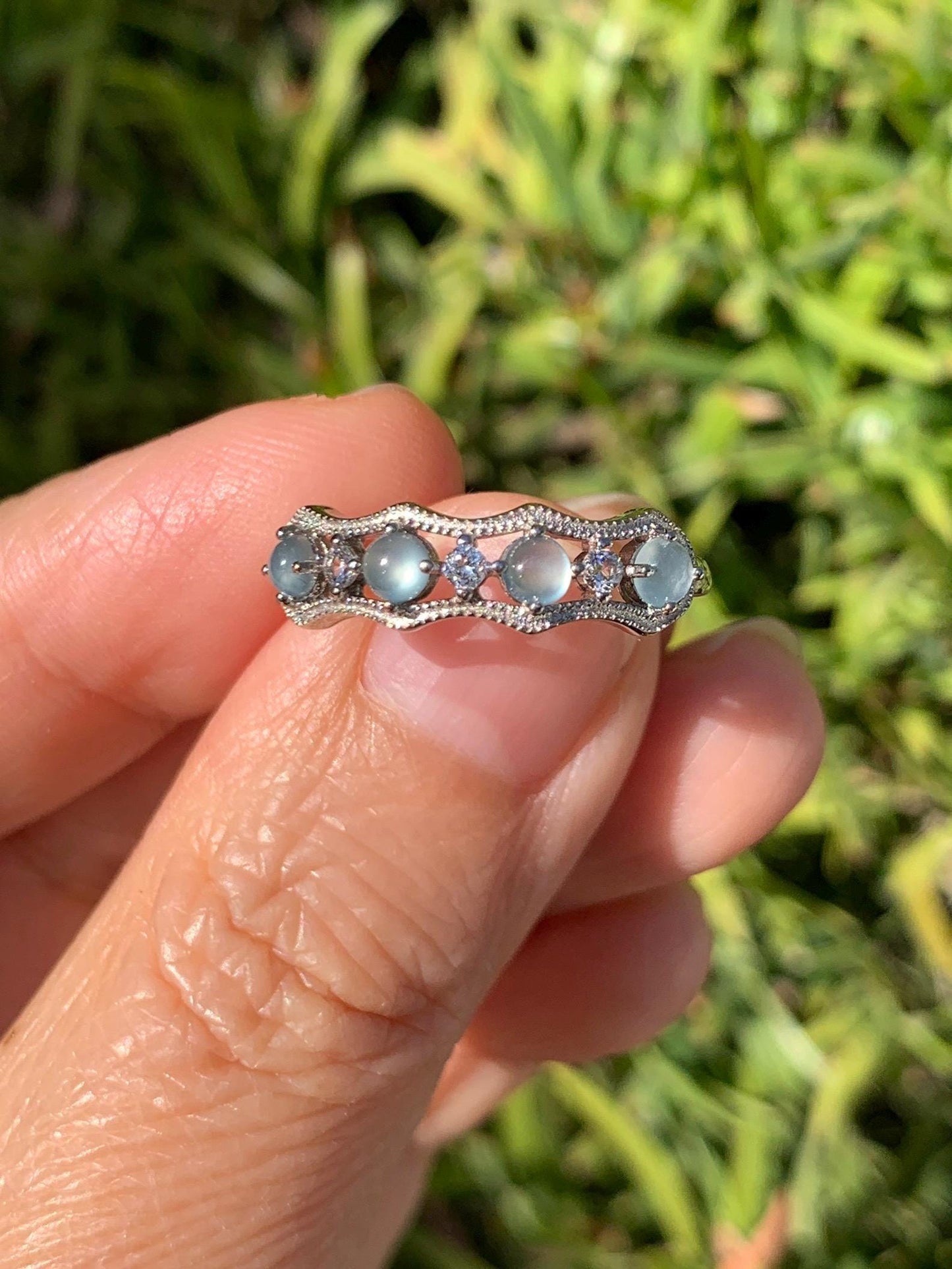 Natural Grade A Guatemalan Icy Highly Translucent Pale Blue Jade Jadeite 4-Stone Band Ring Sterling Silver Size Adjustable 天然冰危淡蓝翡翠排戒 WQLP68