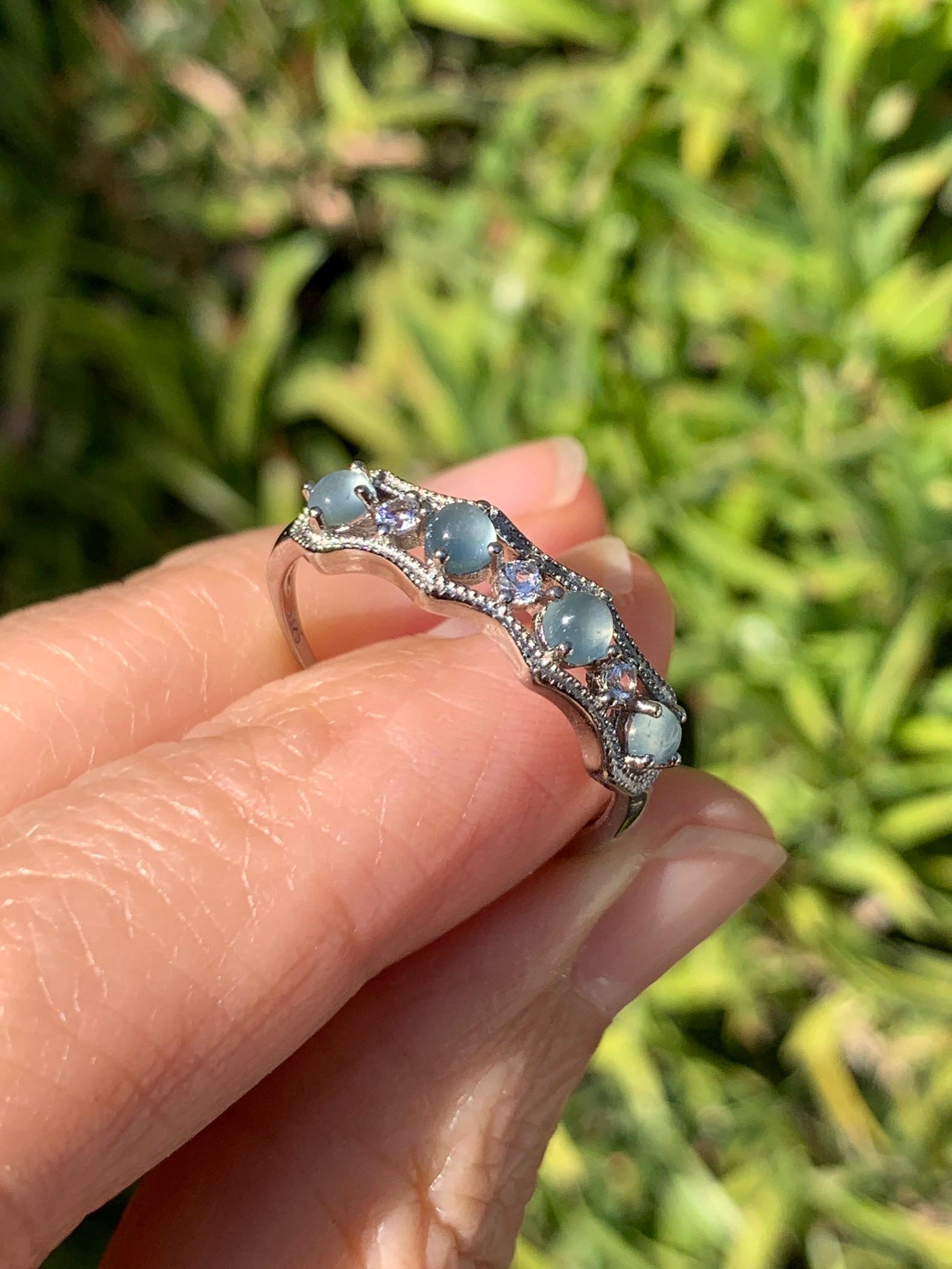 Natural Grade A Guatemalan Icy Highly Translucent Pale Blue Jade Jadeite 4-Stone Band Ring Sterling Silver Size Adjustable 天然冰危淡蓝翡翠排戒 WQLP68