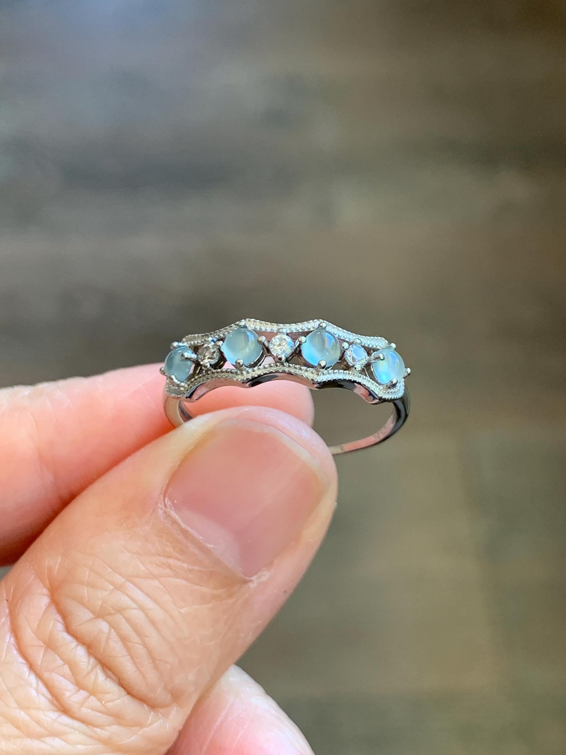Natural Grade A Guatemalan Icy Highly Translucent Pale Blue Jade Jadeite 4-Stone Band Ring Sterling Silver Size Adjustable 天然冰危淡蓝翡翠排戒 WQLP68