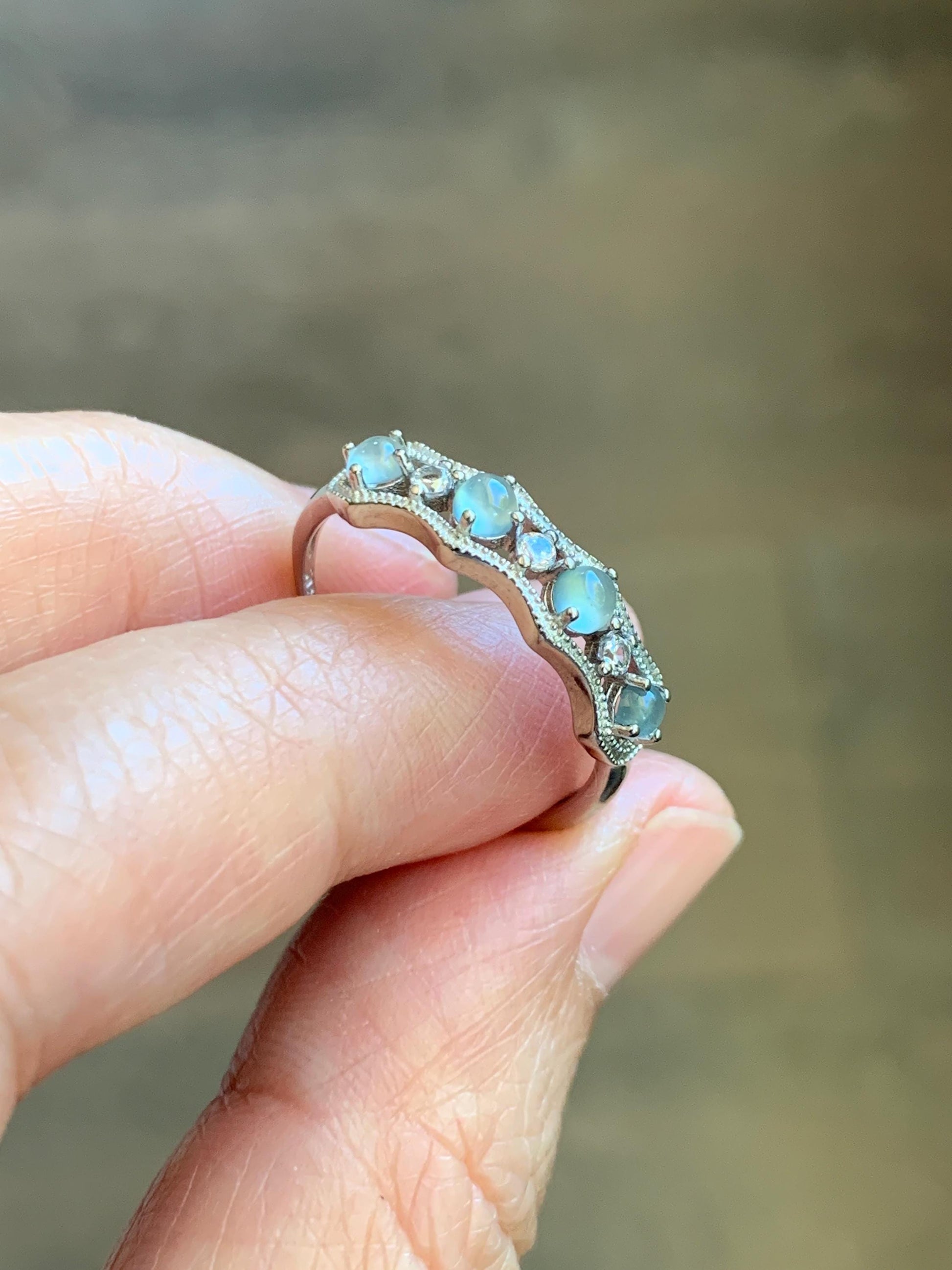 Natural Grade A Guatemalan Icy Highly Translucent Pale Blue Jade Jadeite 4-Stone Band Ring Sterling Silver Size Adjustable 天然冰危淡蓝翡翠排戒 WQLP68