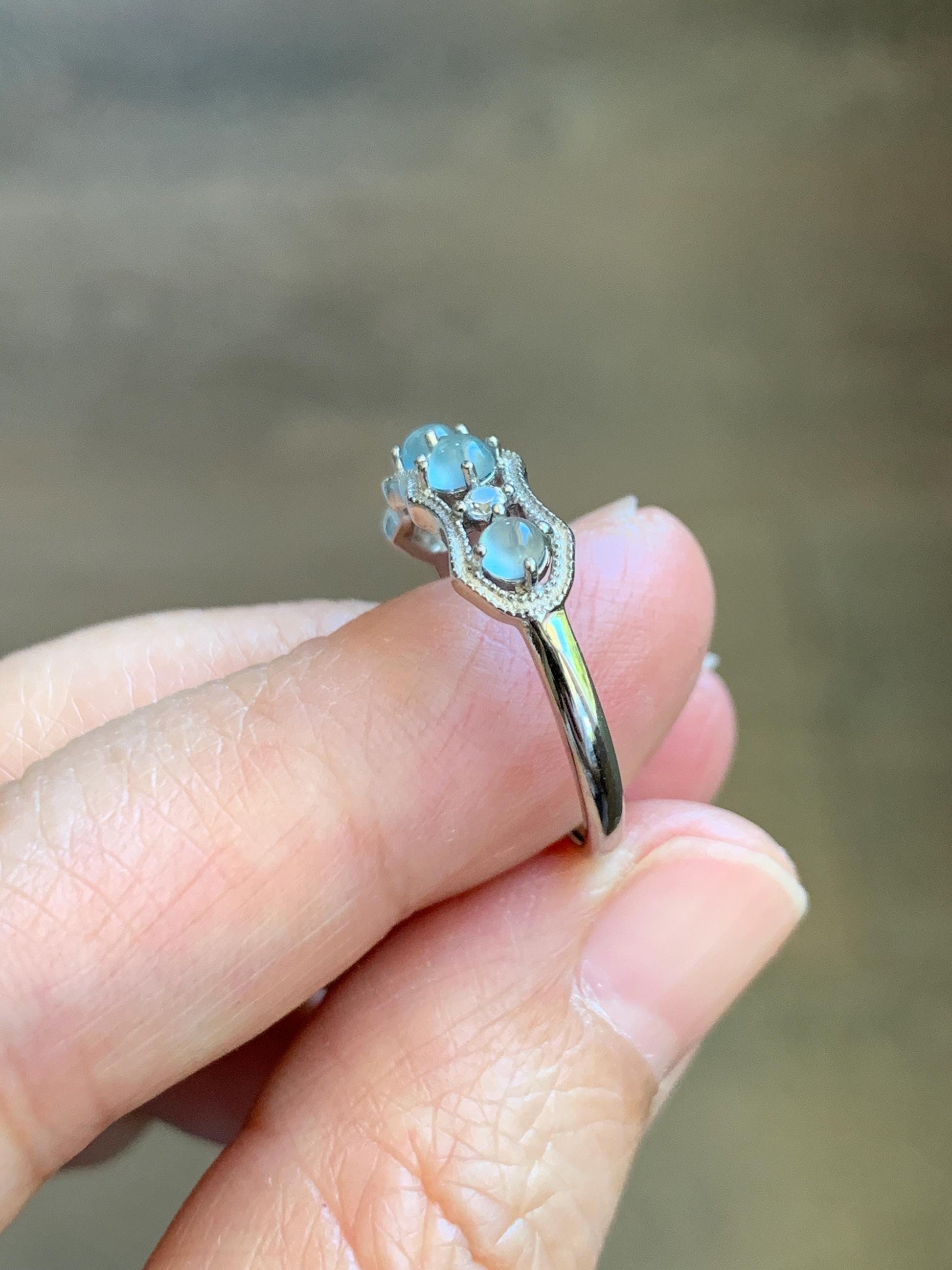 Natural Grade A Guatemalan Icy Highly Translucent Pale Blue Jade Jadeite 4-Stone Band Ring Sterling Silver Size Adjustable 天然冰危淡蓝翡翠排戒 WQLP68