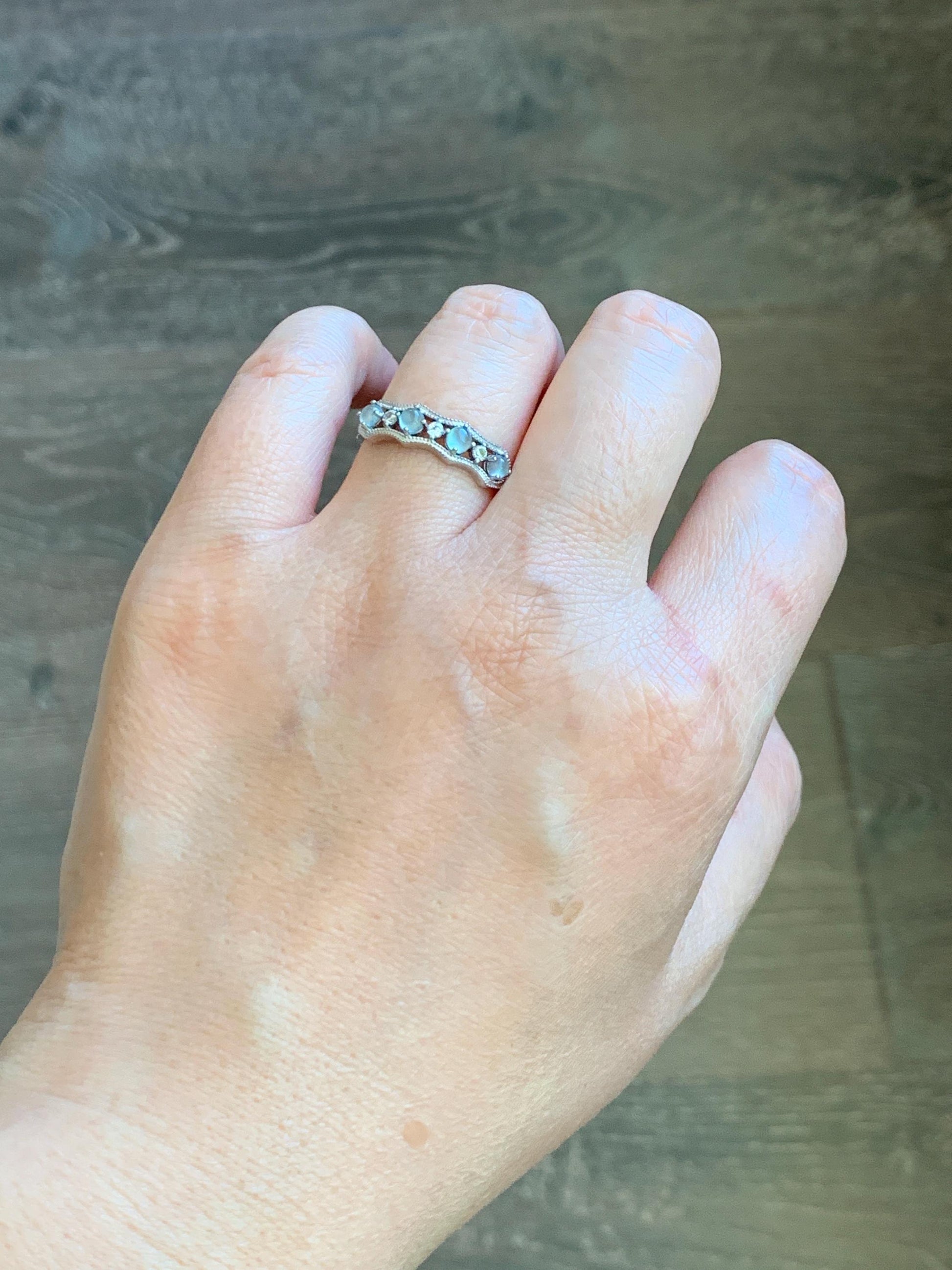 Natural Grade A Guatemalan Icy Highly Translucent Pale Blue Jade Jadeite 4-Stone Band Ring Sterling Silver Size Adjustable 天然冰危淡蓝翡翠排戒 WQLP68