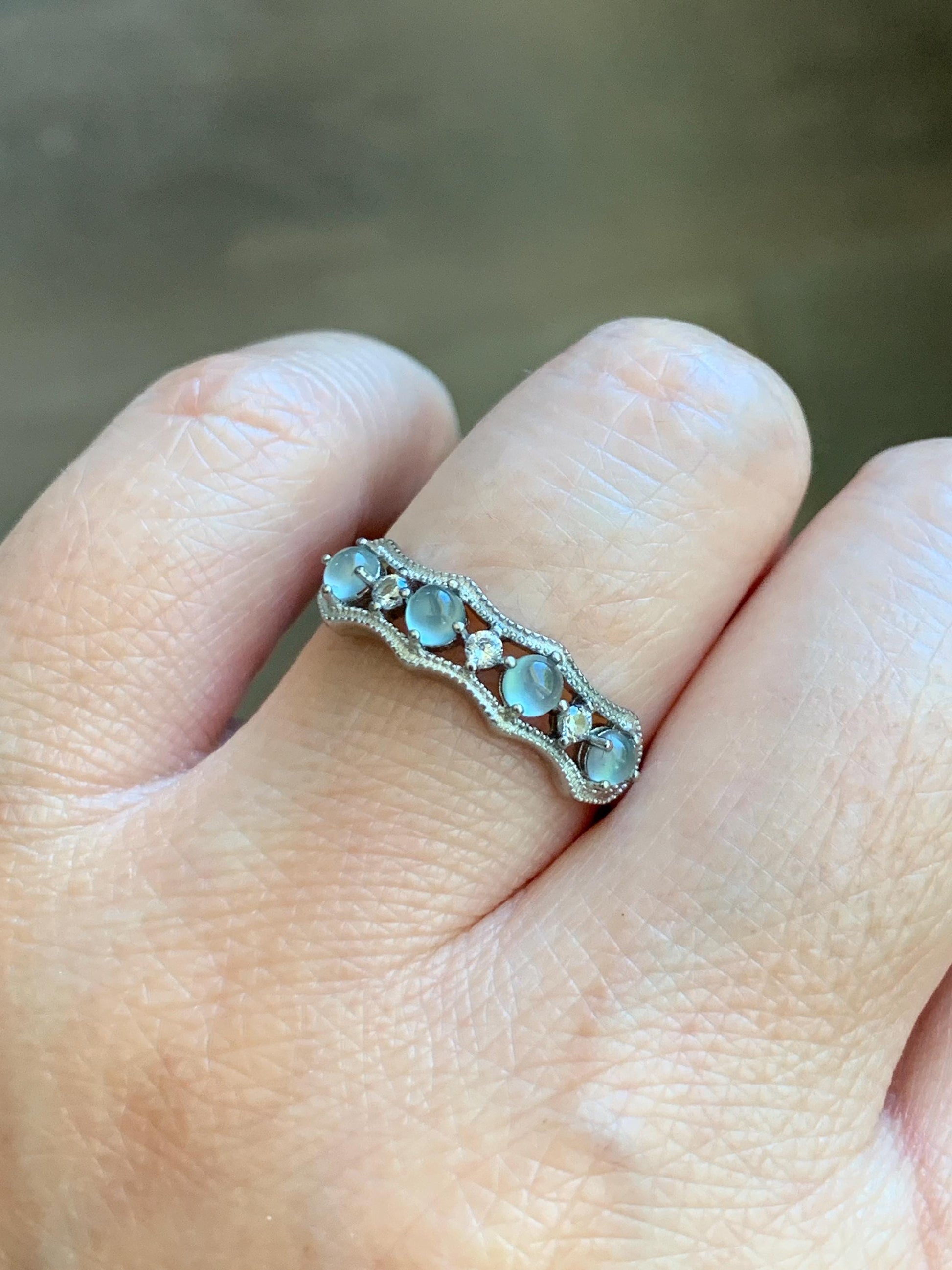 Natural Grade A Guatemalan Icy Highly Translucent Pale Blue Jade Jadeite 4-Stone Band Ring Sterling Silver Size Adjustable 天然冰危淡蓝翡翠排戒 WQLP68