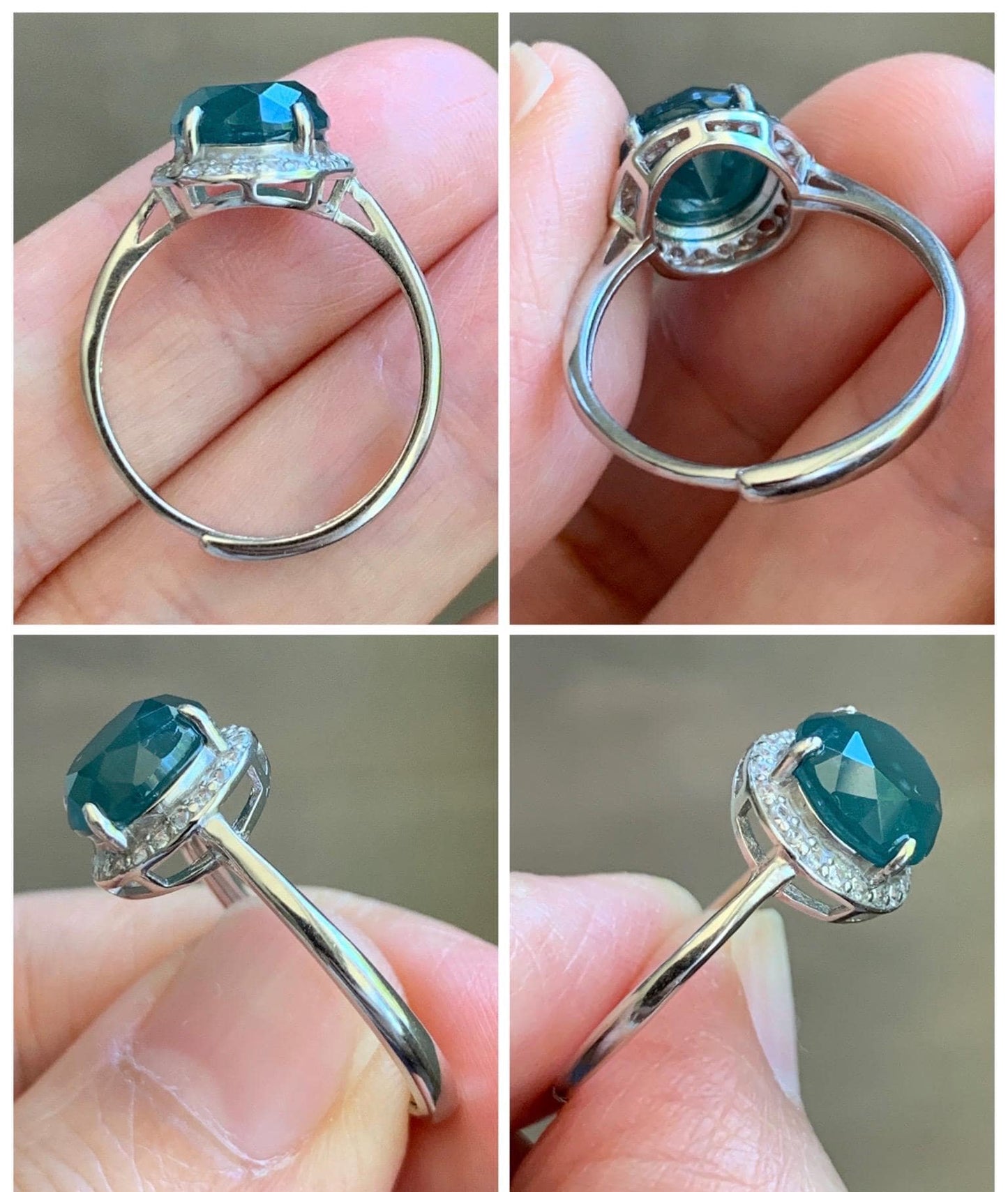 Natural Guatemalan Garde A Icy Dark Teal Blue Diamond Faceted Jade Jadeite Ring Sterling Silver Size Adjustable 天然冰危深蓝钻石切割面翡翠戒指 WSHQ68