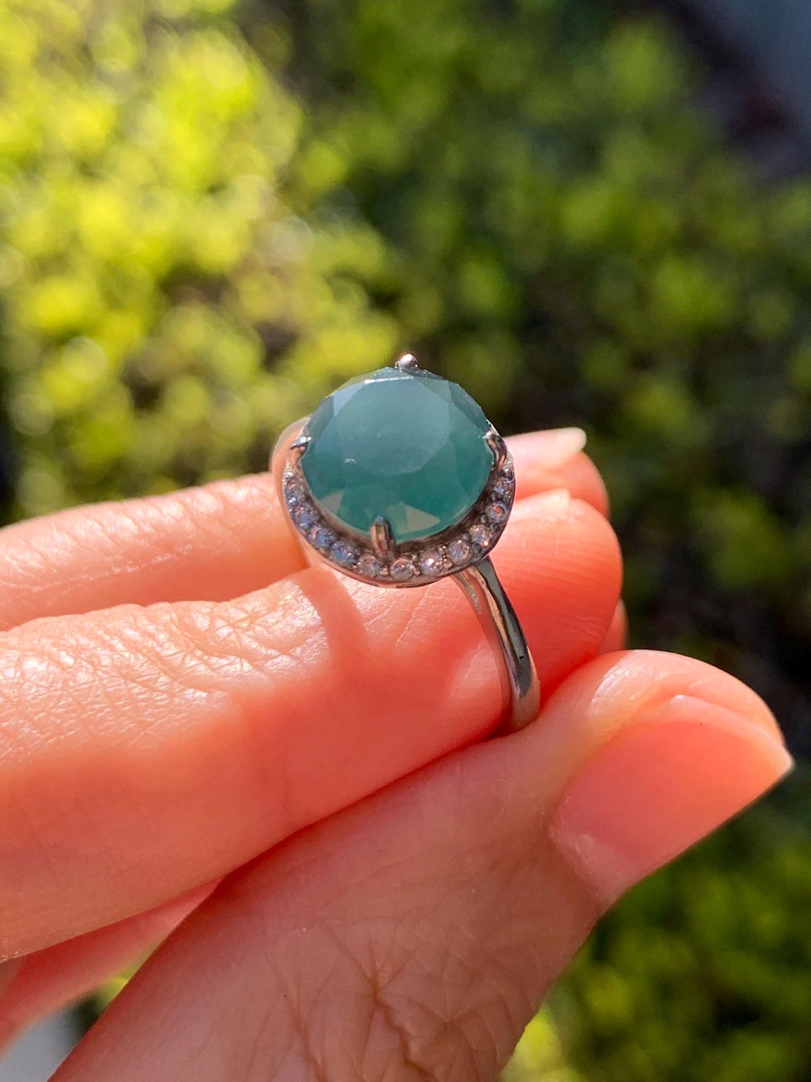 Natural Guatemalan Garde A Icy Dark Teal Blue Diamond Faceted Jade Jadeite Ring Sterling Silver Size Adjustable 天然冰危深蓝钻石切割面翡翠戒指 WSHQ68