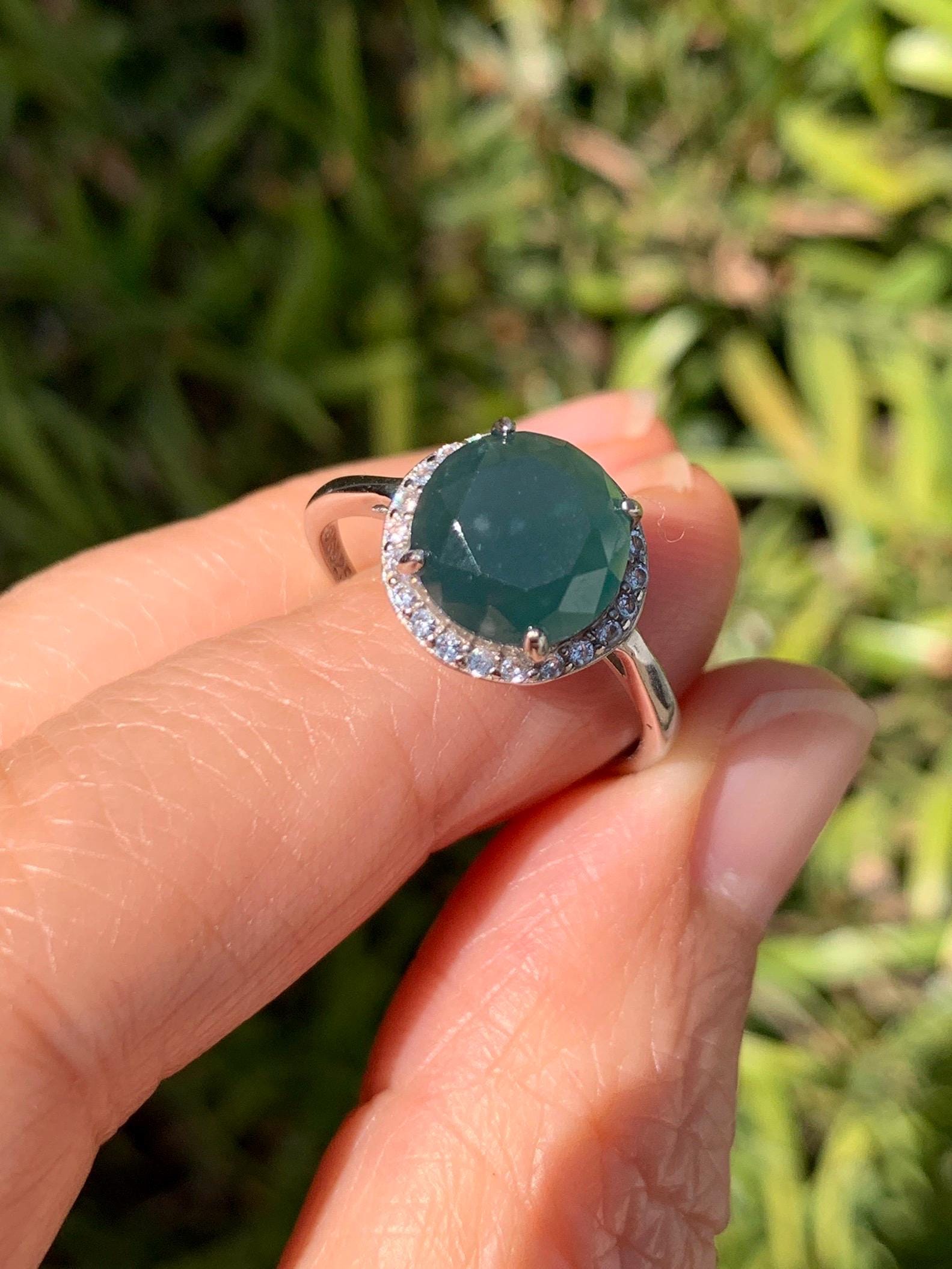 Natural Guatemalan Garde A Icy Dark Teal Blue Diamond Faceted Jade Jadeite Ring Sterling Silver Size Adjustable 天然冰危深蓝钻石切割面翡翠戒指 WSHQ68