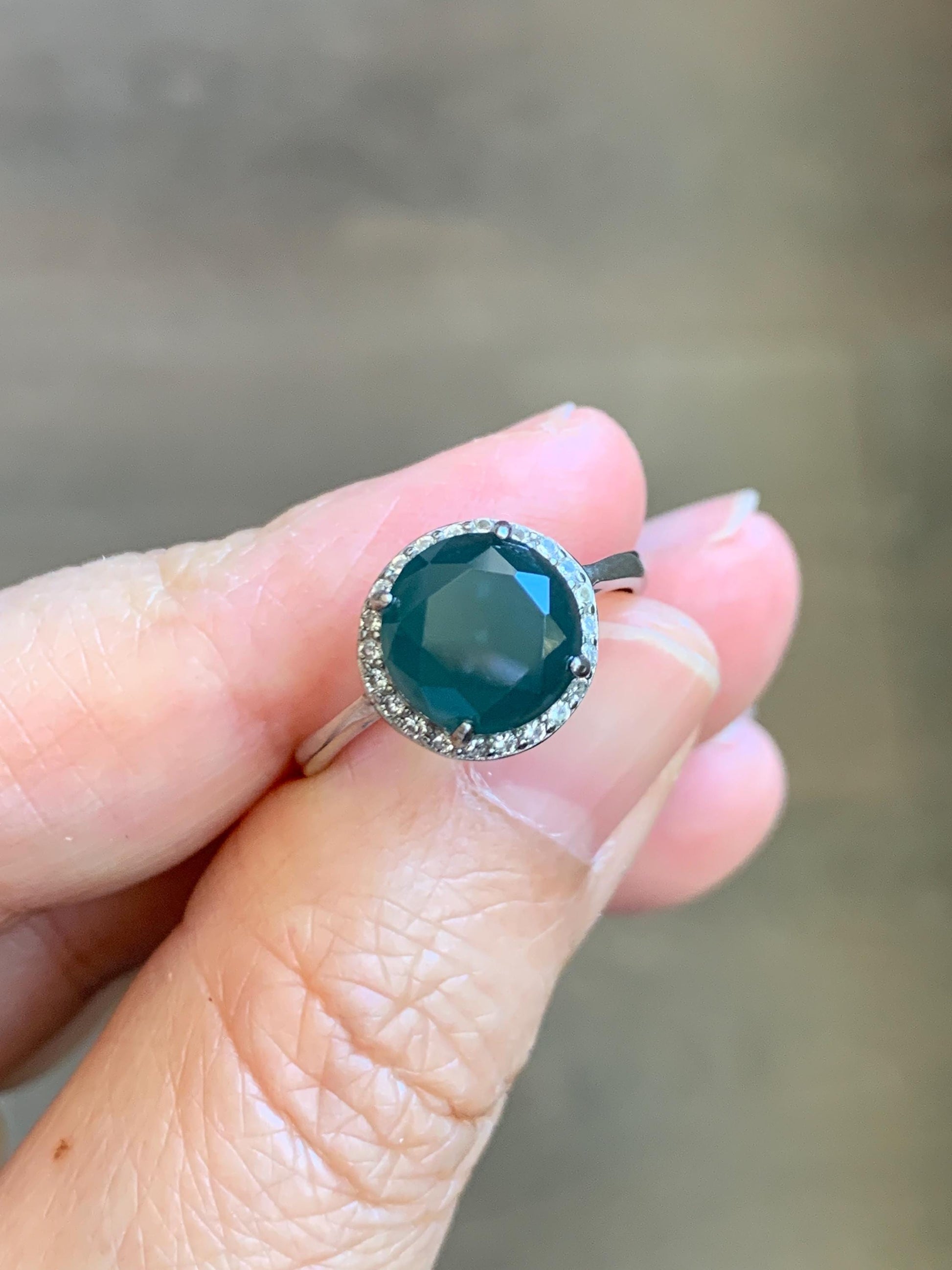 Natural Guatemalan Garde A Icy Dark Teal Blue Diamond Faceted Jade Jadeite Ring Sterling Silver Size Adjustable 天然冰危深蓝钻石切割面翡翠戒指 WSHQ68