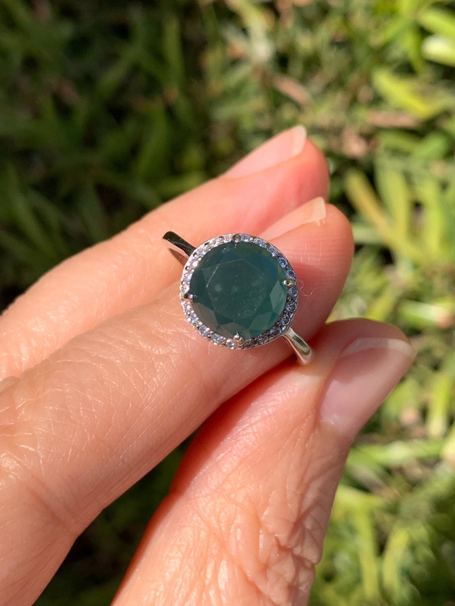 Natural Guatemalan Garde A Icy Dark Teal Blue Diamond Faceted Jade Jadeite Ring Sterling Silver Size Adjustable 天然冰危深蓝钻石切割面翡翠戒指 WSHQ68