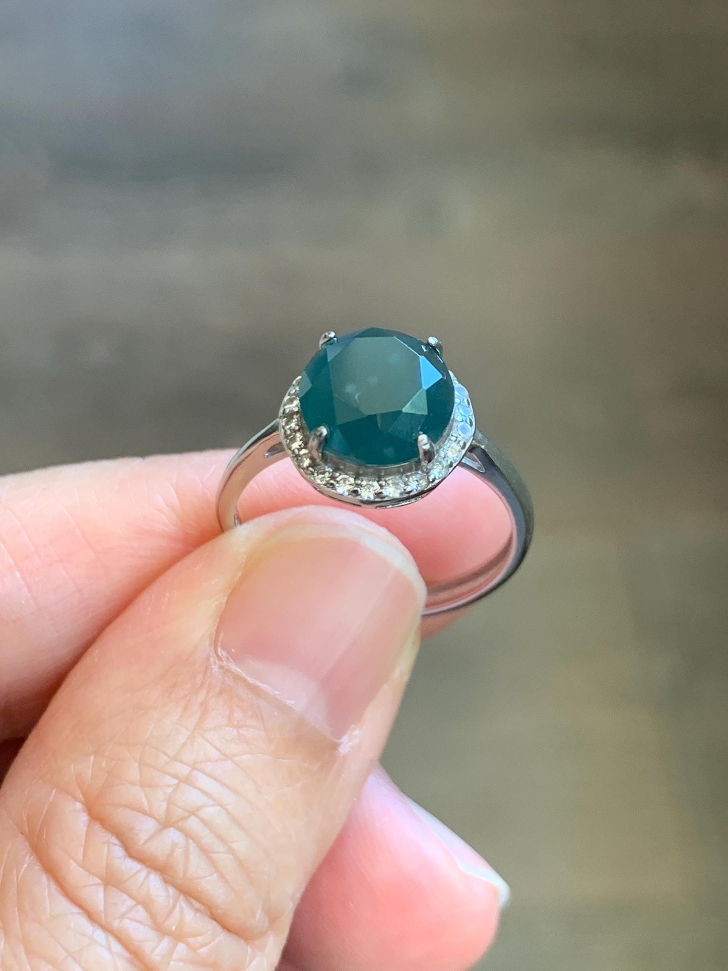 Natural Guatemalan Garde A Icy Dark Teal Blue Diamond Faceted Jade Jadeite Ring Sterling Silver Size Adjustable 天然冰危深蓝钻石切割面翡翠戒指 WSHQ68