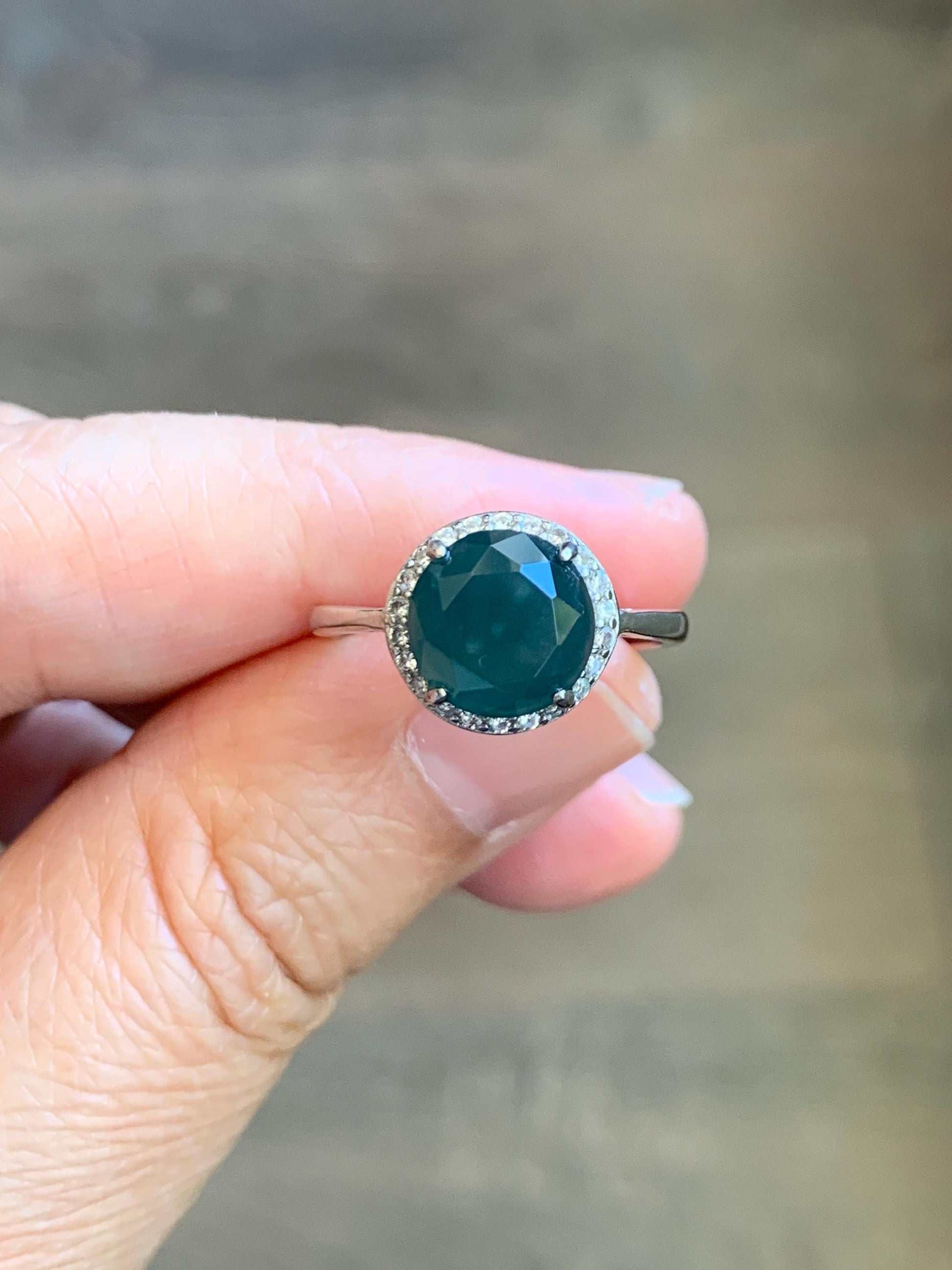 Natural Guatemalan Garde A Icy Dark Teal Blue Diamond Faceted Jade Jadeite Ring Sterling Silver Size Adjustable 天然冰危深蓝钻石切割面翡翠戒指 WSHQ68