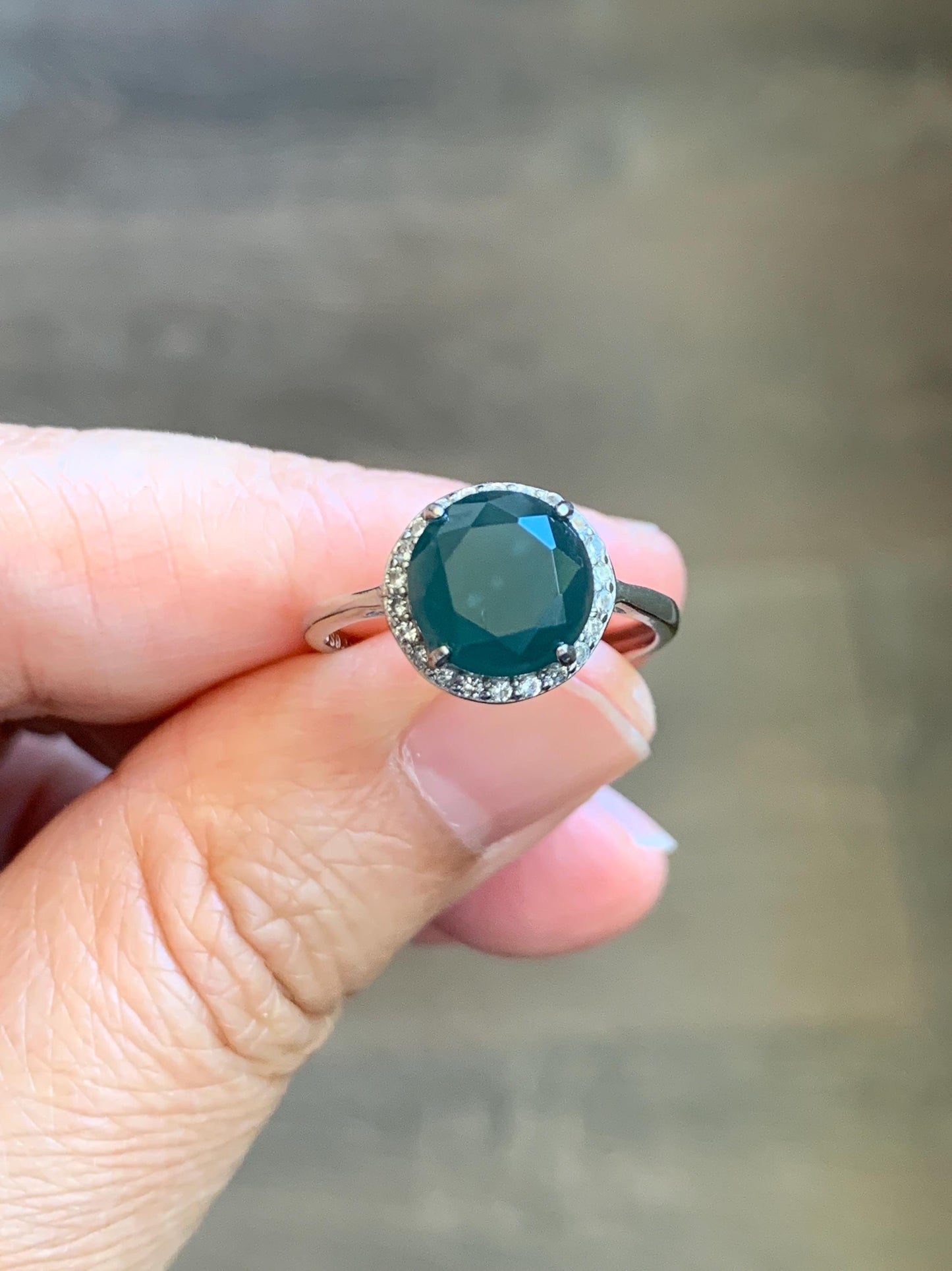 Natural Guatemalan Garde A Icy Dark Teal Blue Diamond Faceted Jade Jadeite Ring Sterling Silver Size Adjustable 天然冰危深蓝钻石切割面翡翠戒指 WSHQ68