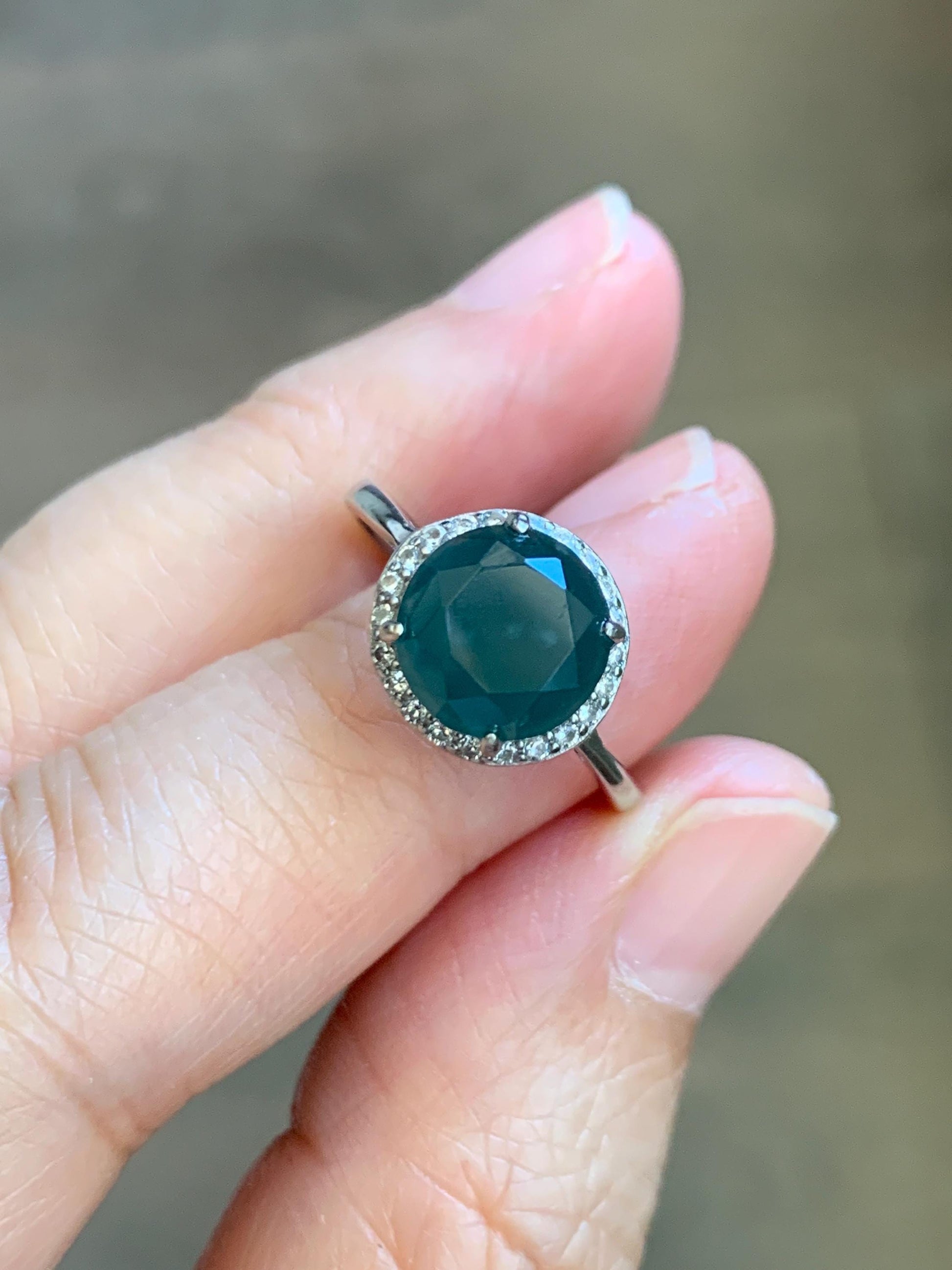 Natural Guatemalan Garde A Icy Dark Teal Blue Diamond Faceted Jade Jadeite Ring Sterling Silver Size Adjustable 天然冰危深蓝钻石切割面翡翠戒指 WSHQ68