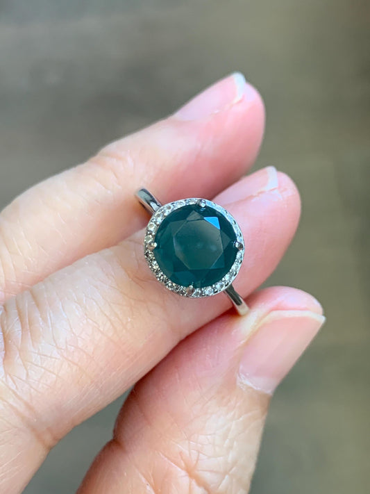 Natural Guatemalan Garde A Icy Dark Teal Blue Diamond Faceted Jade Jadeite Ring Sterling Silver Size Adjustable 天然冰危深蓝钻石切割面翡翠戒指 WSHQ68