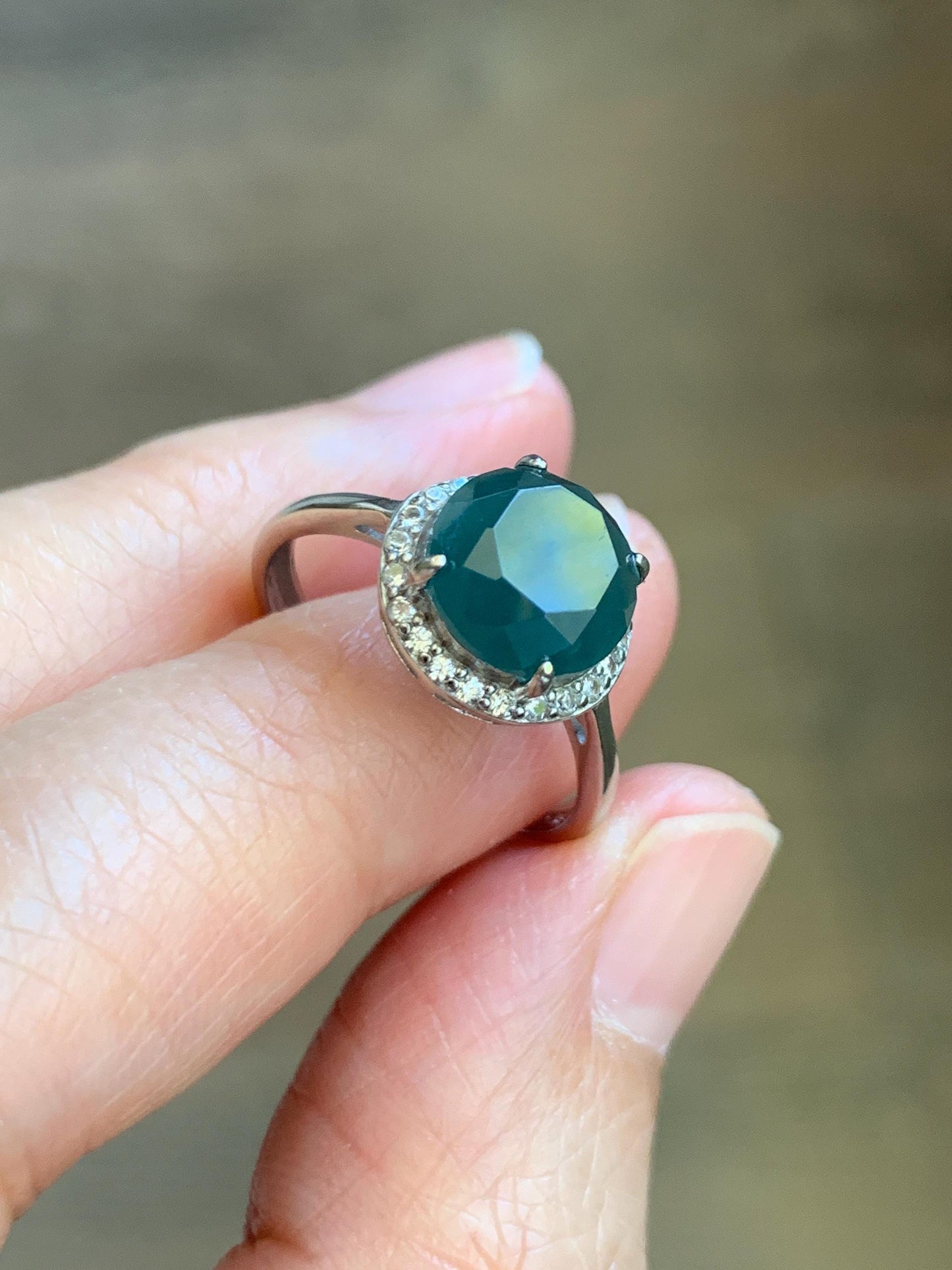 Natural Guatemalan Garde A Icy Dark Teal Blue Diamond Faceted Jade Jadeite Ring Sterling Silver Size Adjustable 天然冰危深蓝钻石切割面翡翠戒指 WSHQ68