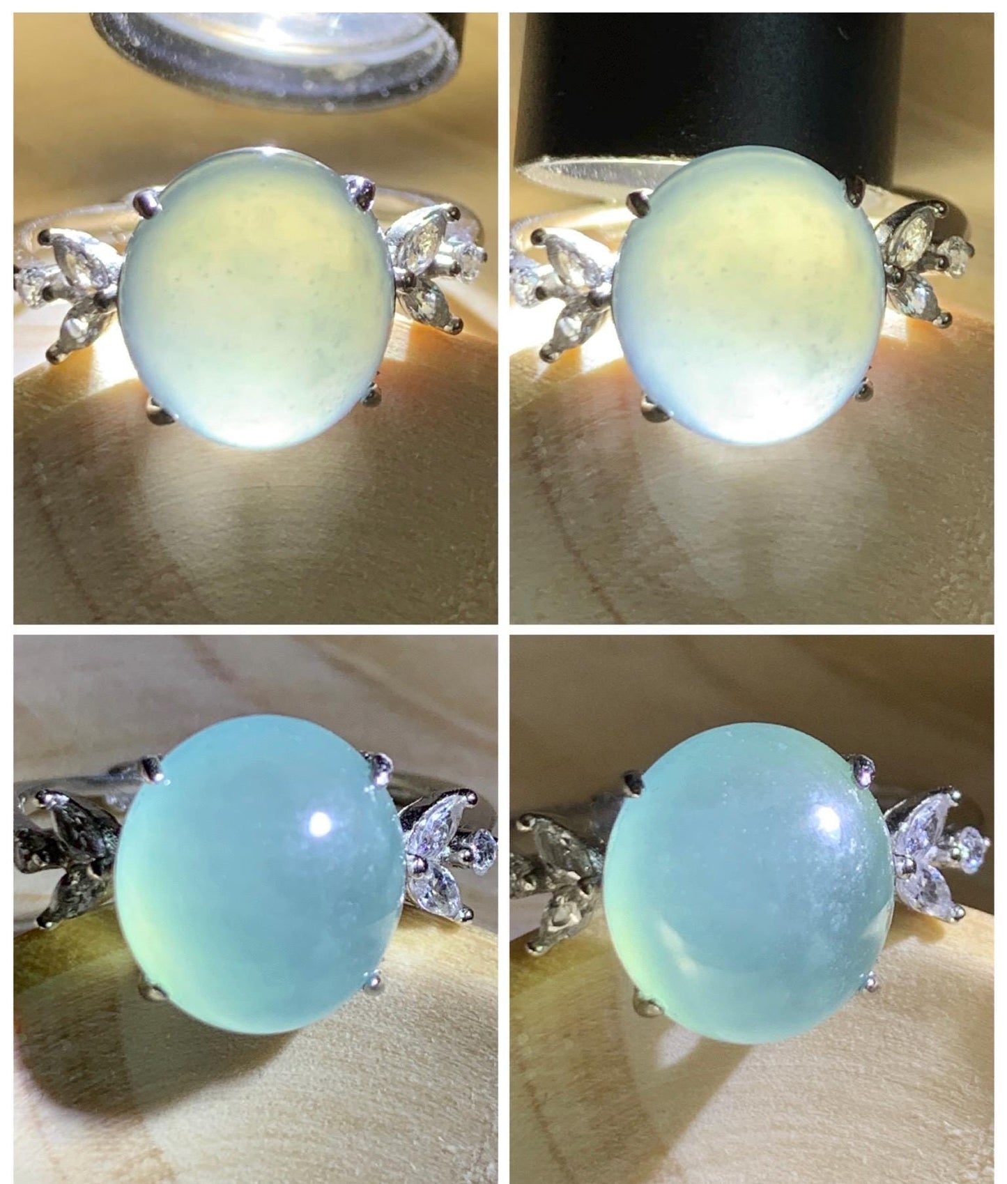 Natural Grade A Guatemalan Icy Translucent Light Teal Green Oval Jade Jadeite Ring Sterling Silver Size Adjustable 天然冰危淡蓝绿翡翠银镶戒指 WDL132
