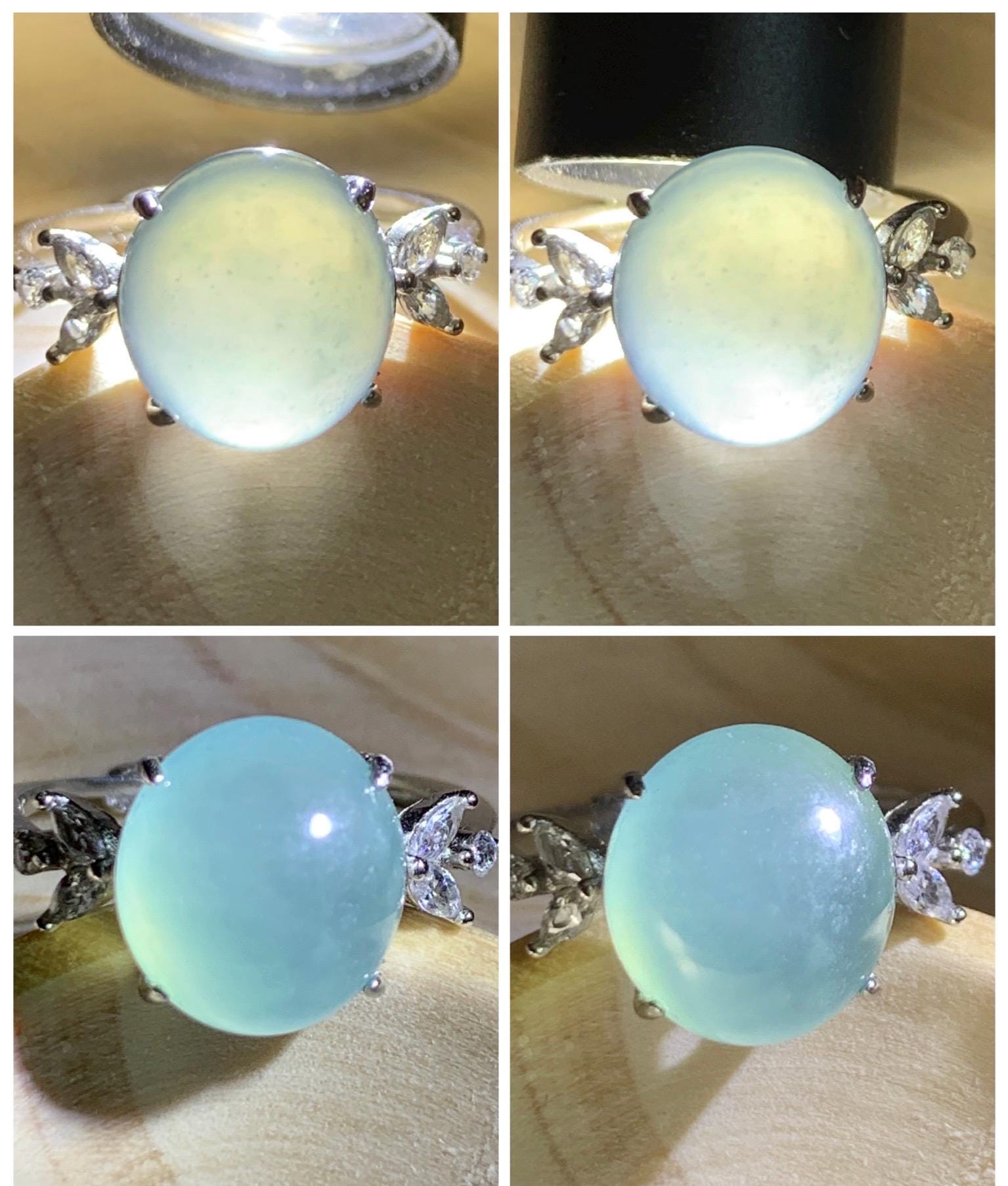 Natural Grade A Guatemalan Icy Translucent Light Teal Green Oval Jade Jadeite Ring Sterling Silver Size Adjustable 天然冰危淡蓝绿翡翠银镶戒指 WDL132