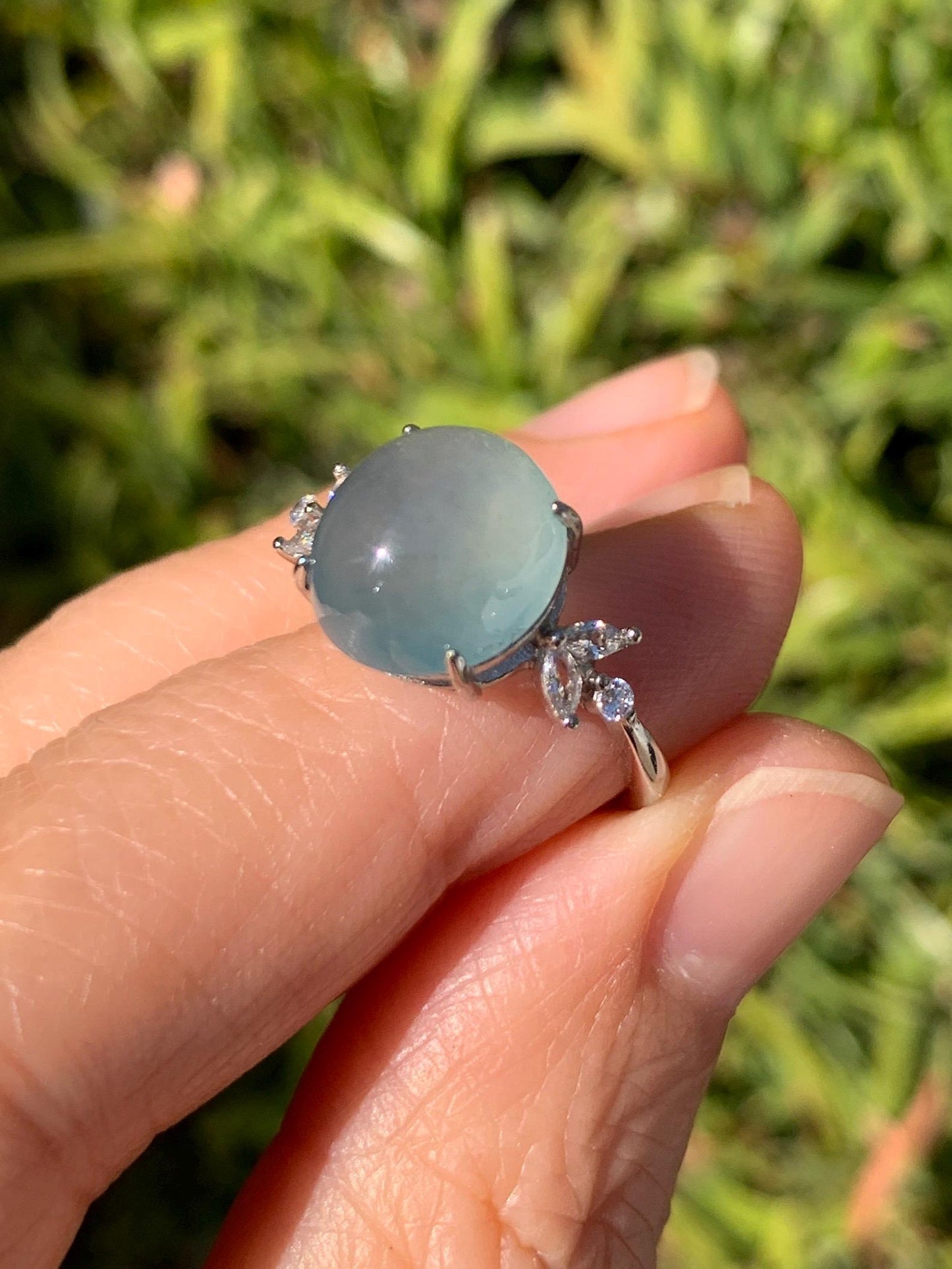 Natural Grade A Guatemalan Icy Translucent Light Teal Green Oval Jade Jadeite Ring Sterling Silver Size Adjustable 天然冰危淡蓝绿翡翠银镶戒指 WDL132
