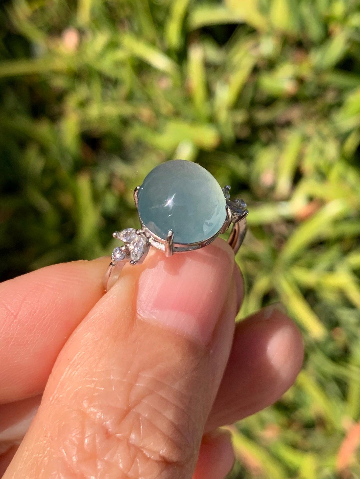 Natural Grade A Guatemalan Icy Translucent Light Teal Green Oval Jade Jadeite Ring Sterling Silver Size Adjustable 天然冰危淡蓝绿翡翠银镶戒指 WDL132