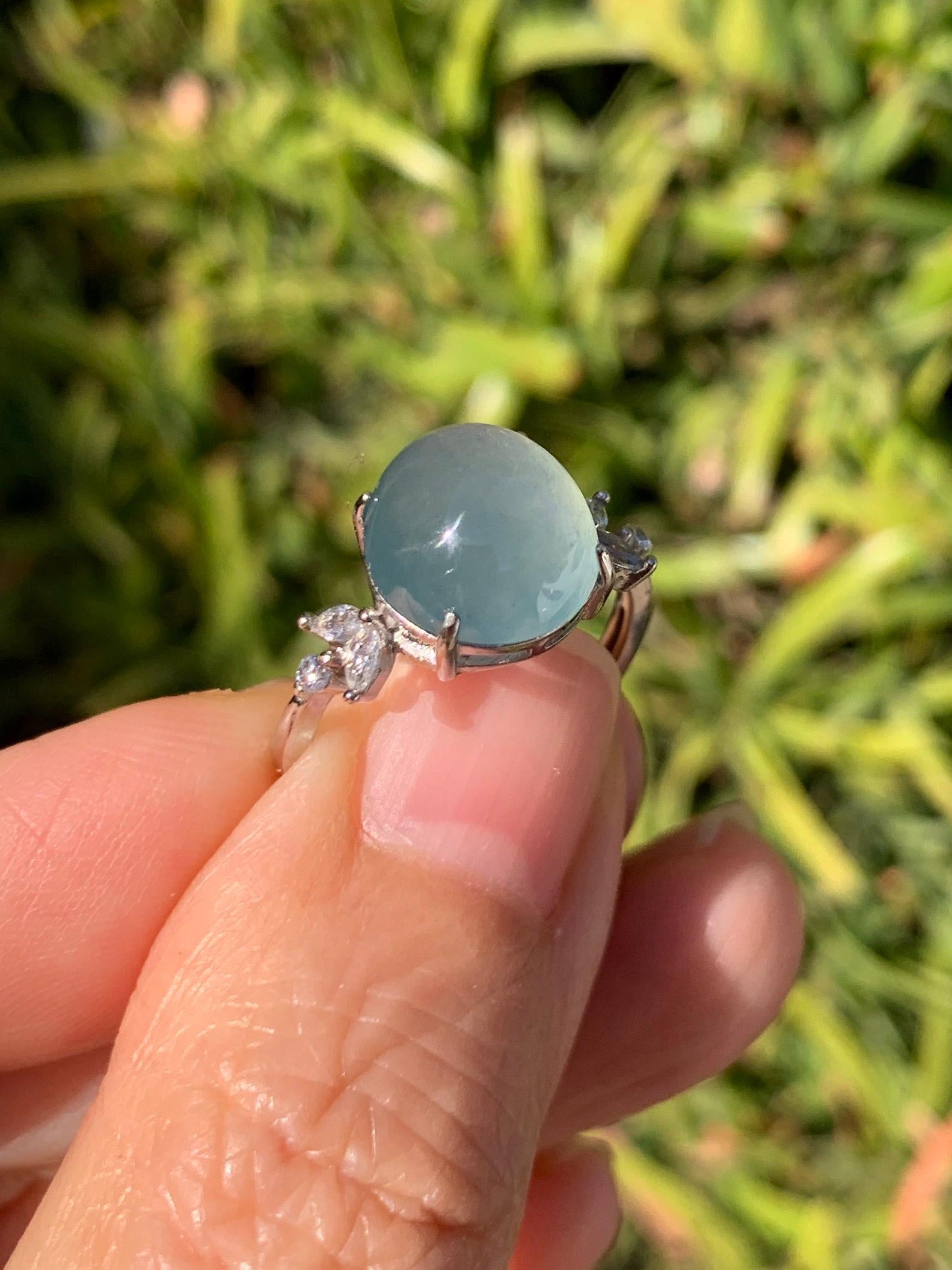 Natural Grade A Guatemalan Icy Translucent Light Teal Green Oval Jade Jadeite Ring Sterling Silver Size Adjustable 天然冰危淡蓝绿翡翠银镶戒指 WDL132