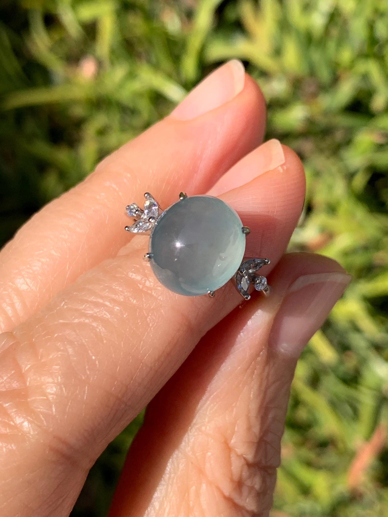 Natural Grade A Guatemalan Icy Translucent Light Teal Green Oval Jade Jadeite Ring Sterling Silver Size Adjustable 天然冰危淡蓝绿翡翠银镶戒指 WDL132