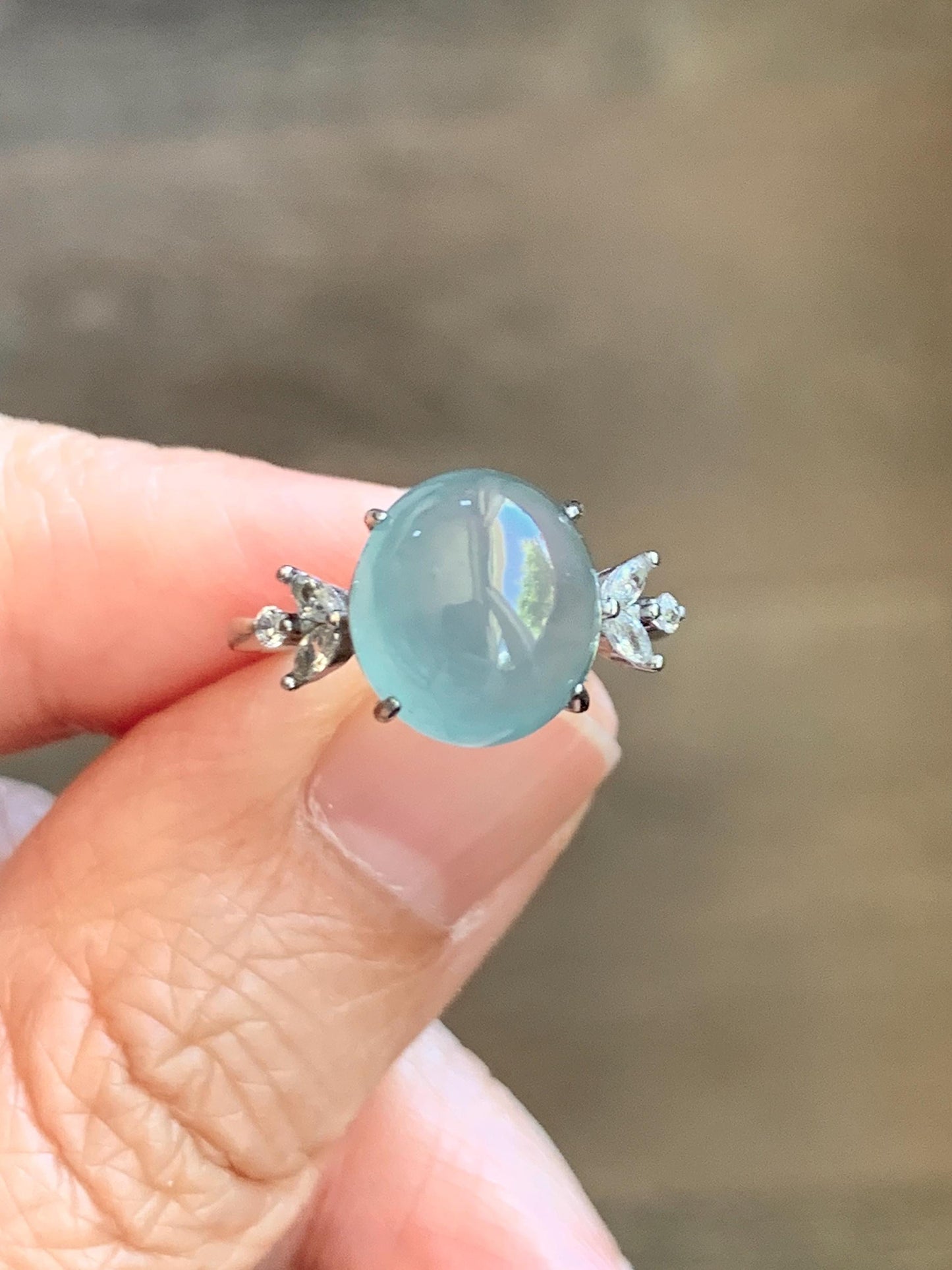 Natural Grade A Guatemalan Icy Translucent Light Teal Green Oval Jade Jadeite Ring Sterling Silver Size Adjustable 天然冰危淡蓝绿翡翠银镶戒指 WDL132