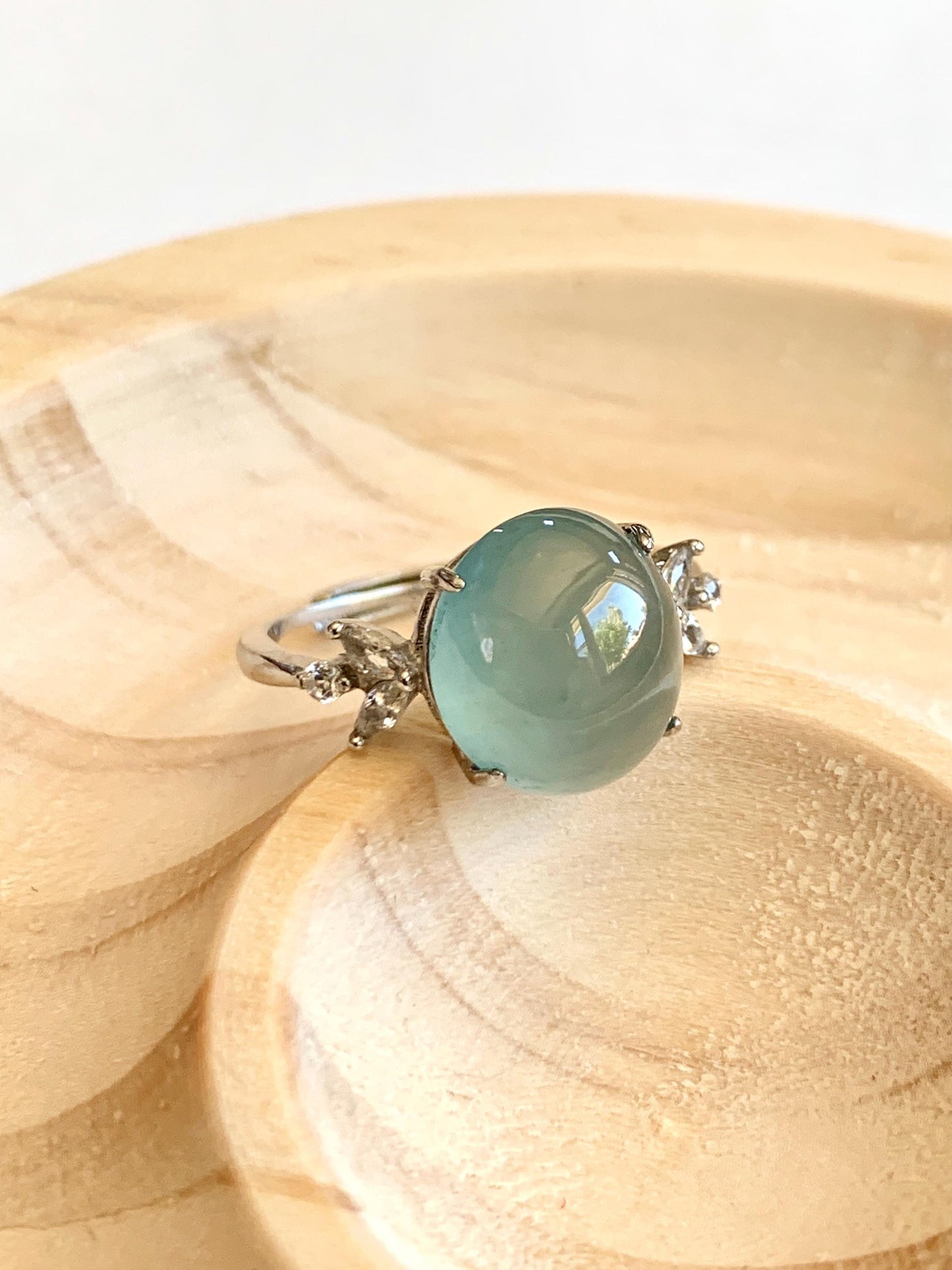 Natural Grade A Guatemalan Icy Translucent Light Teal Green Oval Jade Jadeite Ring Sterling Silver Size Adjustable 天然冰危淡蓝绿翡翠银镶戒指 WDL132