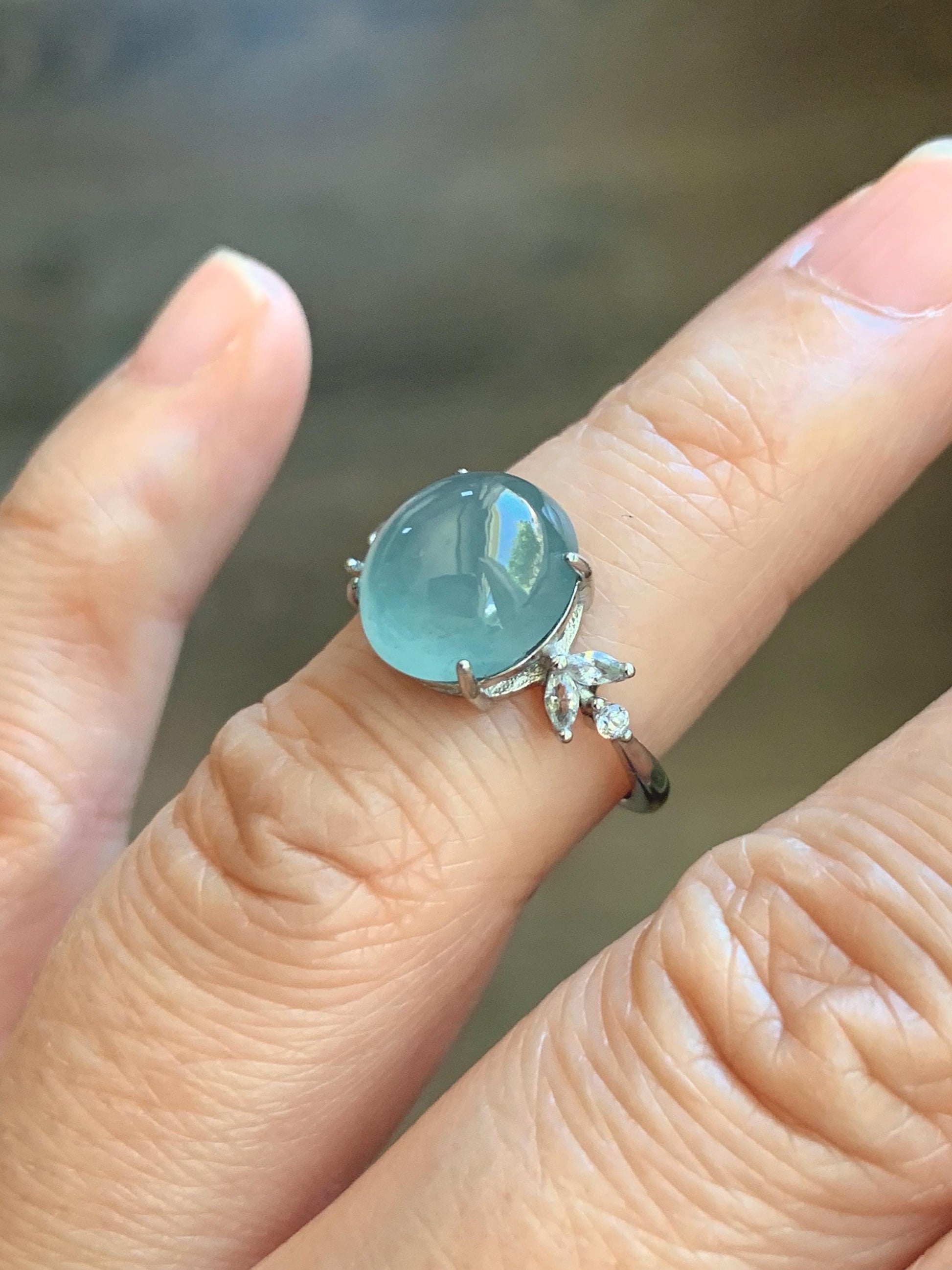 Natural Grade A Guatemalan Icy Translucent Light Teal Green Oval Jade Jadeite Ring Sterling Silver Size Adjustable 天然冰危淡蓝绿翡翠银镶戒指 WDL132