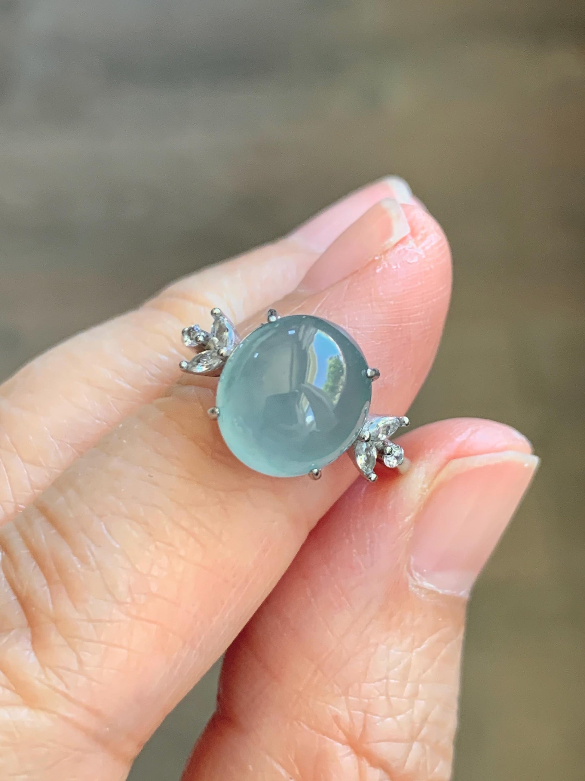 Natural Grade A Guatemalan Icy Translucent Light Teal Green Oval Jade Jadeite Ring Sterling Silver Size Adjustable 天然冰危淡蓝绿翡翠银镶戒指 WDL132