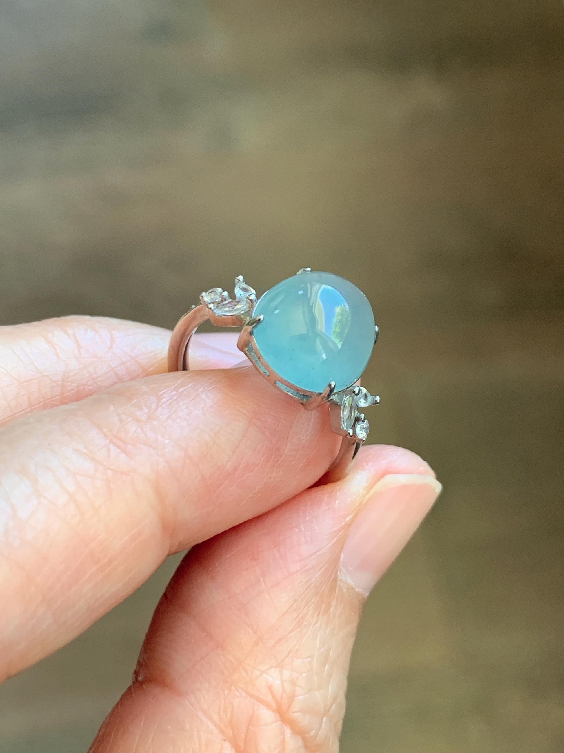 Natural Grade A Guatemalan Icy Translucent Light Teal Green Oval Jade Jadeite Ring Sterling Silver Size Adjustable 天然冰危淡蓝绿翡翠银镶戒指 WDL132