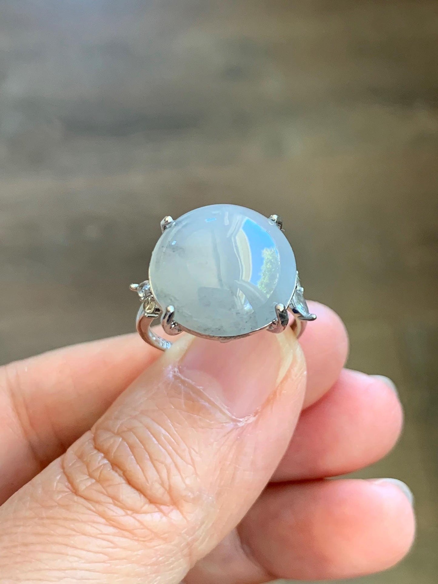 Large Natural Grade A Icy Translucent Wuji Pastel Purple Jade Jadeite Solitaire Ring Sterling Silver Size Adjustable 天然冰乌鸡翡翠大尺寸蛋面银镶戒指 MDW132