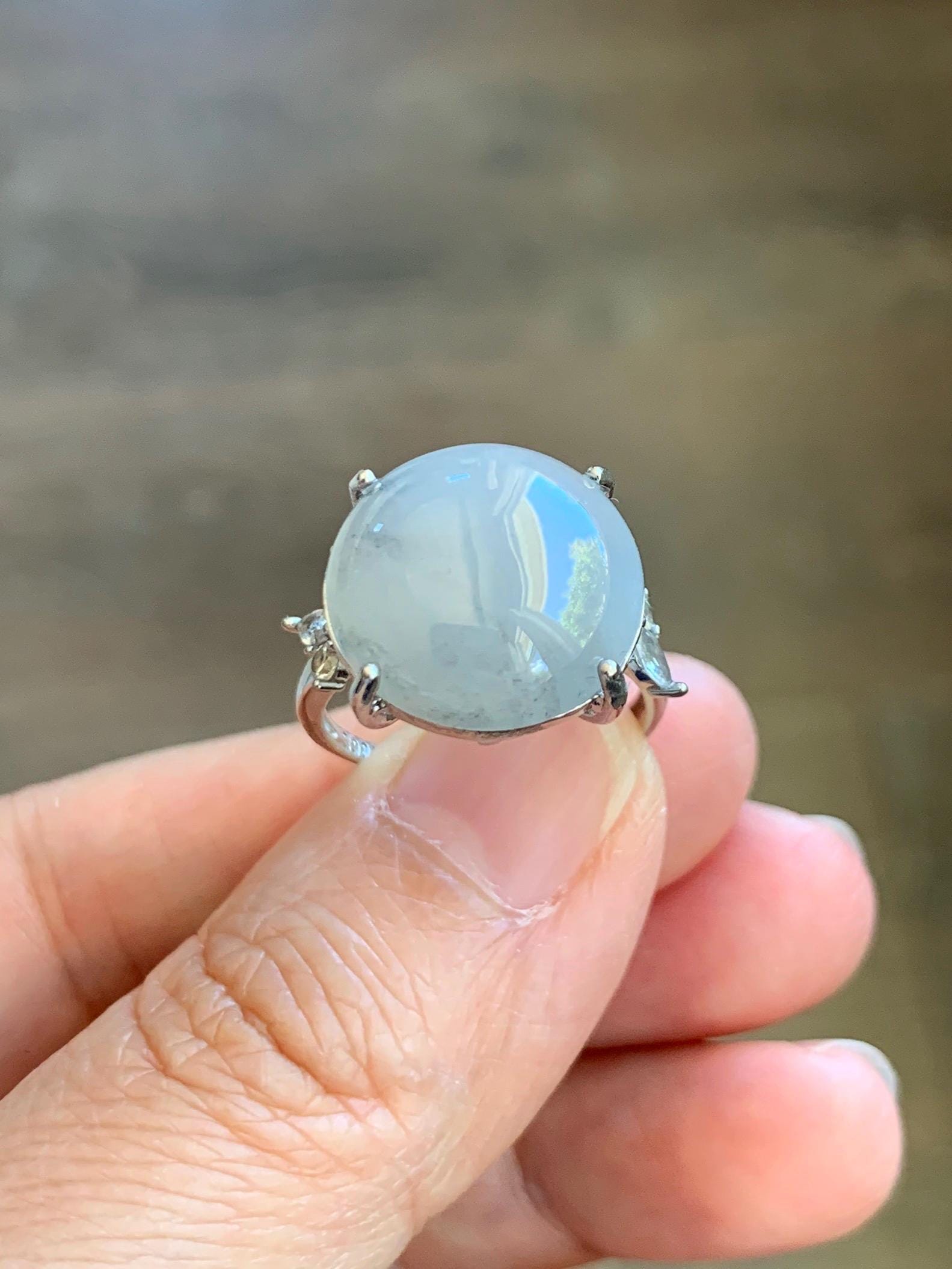 Large Natural Grade A Icy Translucent Wuji Pastel Purple Jade Jadeite Solitaire Ring Sterling Silver Size Adjustable 天然冰乌鸡翡翠大尺寸蛋面银镶戒指 MDW132