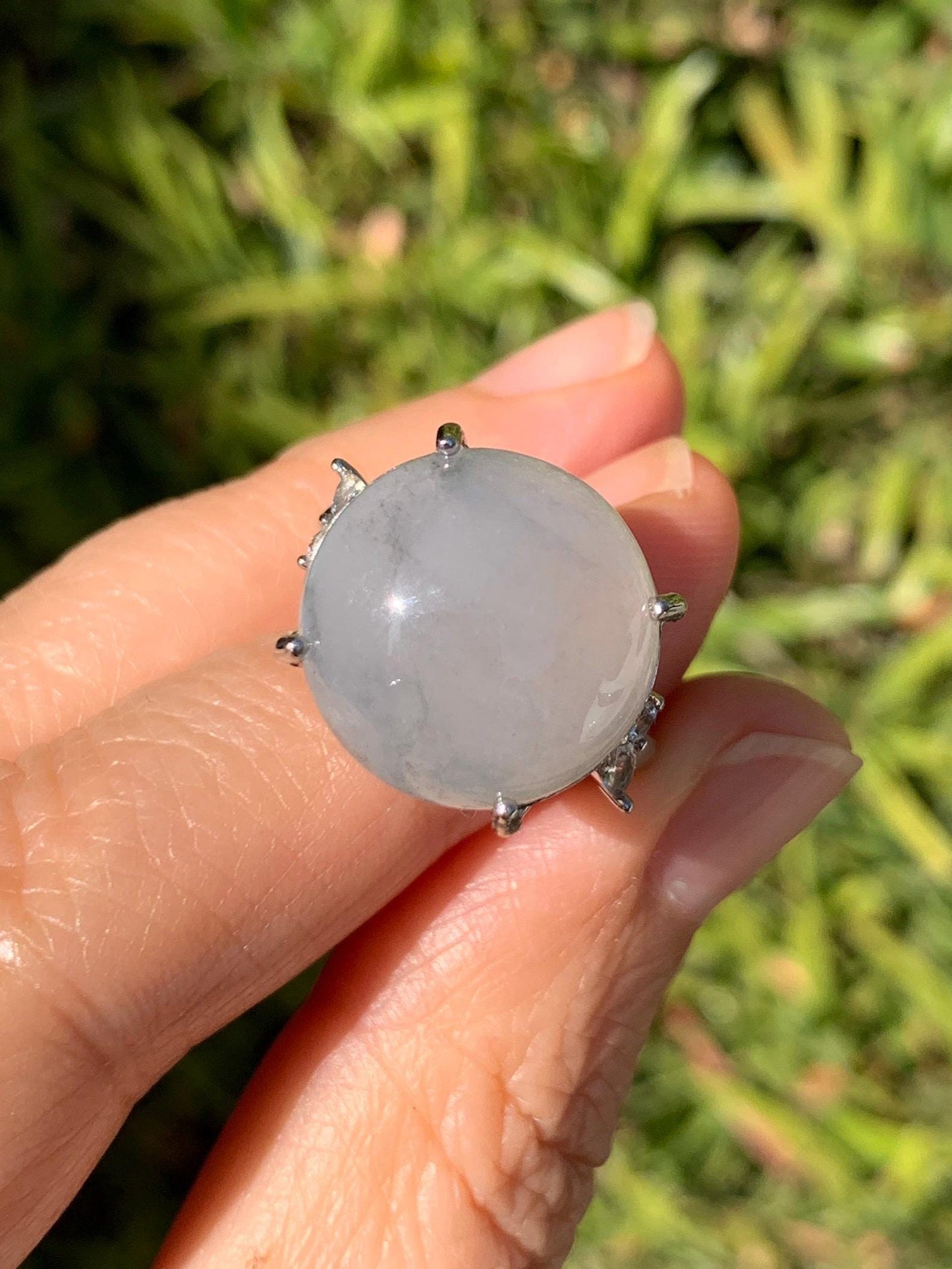 Large Natural Grade A Icy Translucent Wuji Pastel Purple Jade Jadeite Solitaire Ring Sterling Silver Size Adjustable 天然冰乌鸡翡翠大尺寸蛋面银镶戒指 MDW132