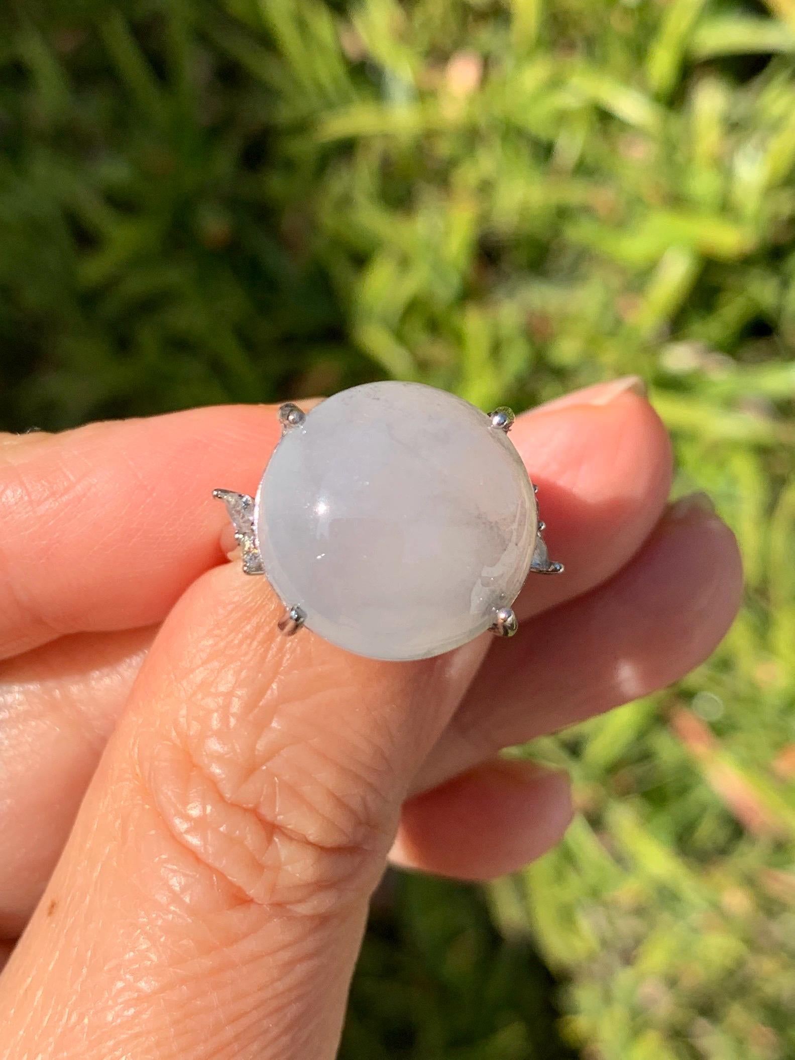 Large Natural Grade A Icy Translucent Wuji Pastel Purple Jade Jadeite Solitaire Ring Sterling Silver Size Adjustable 天然冰乌鸡翡翠大尺寸蛋面银镶戒指 MDW132