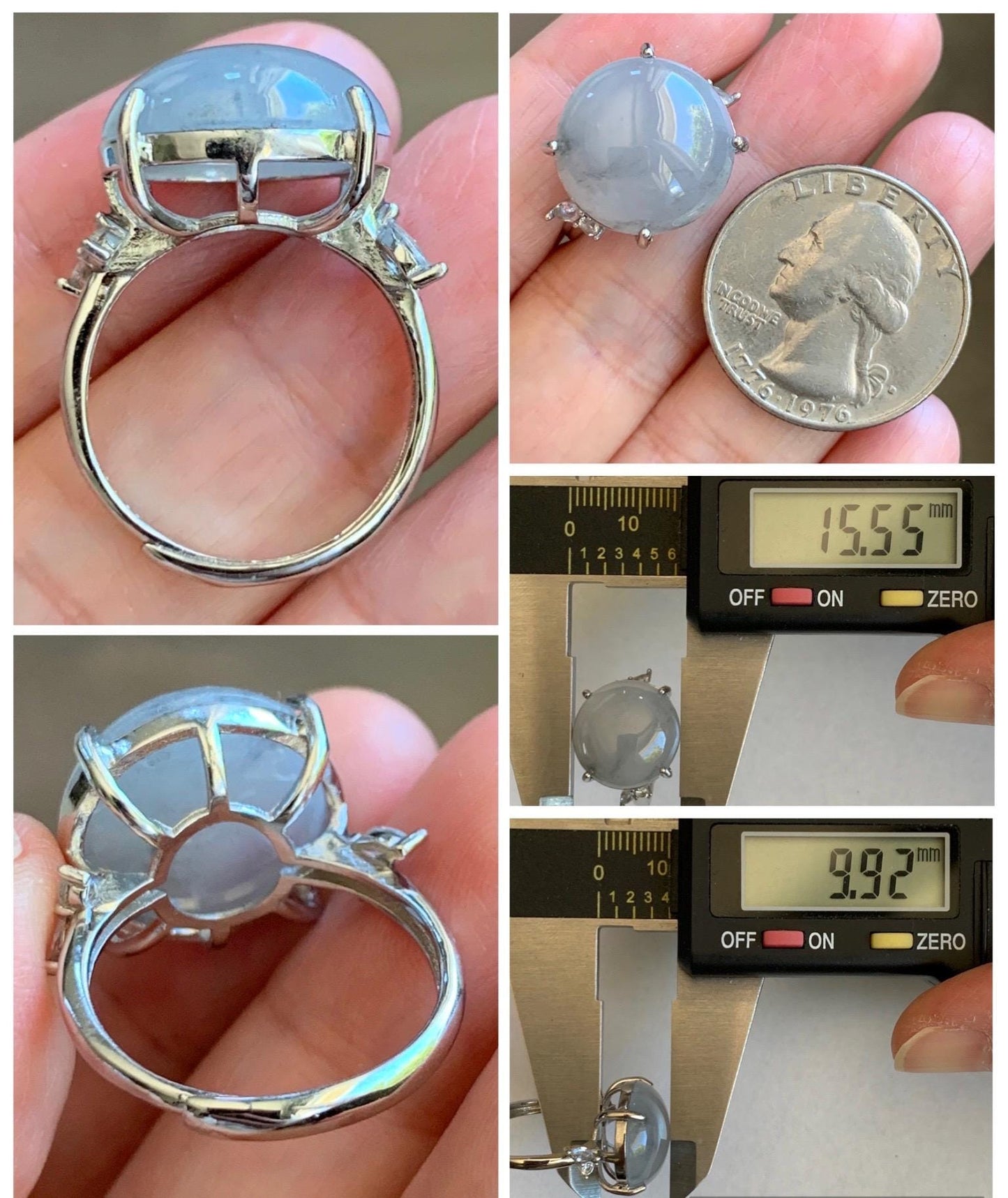 Large Natural Grade A Icy Translucent Wuji Pastel Purple Jade Jadeite Solitaire Ring Sterling Silver Size Adjustable 天然冰乌鸡翡翠大尺寸蛋面银镶戒指 MDW132