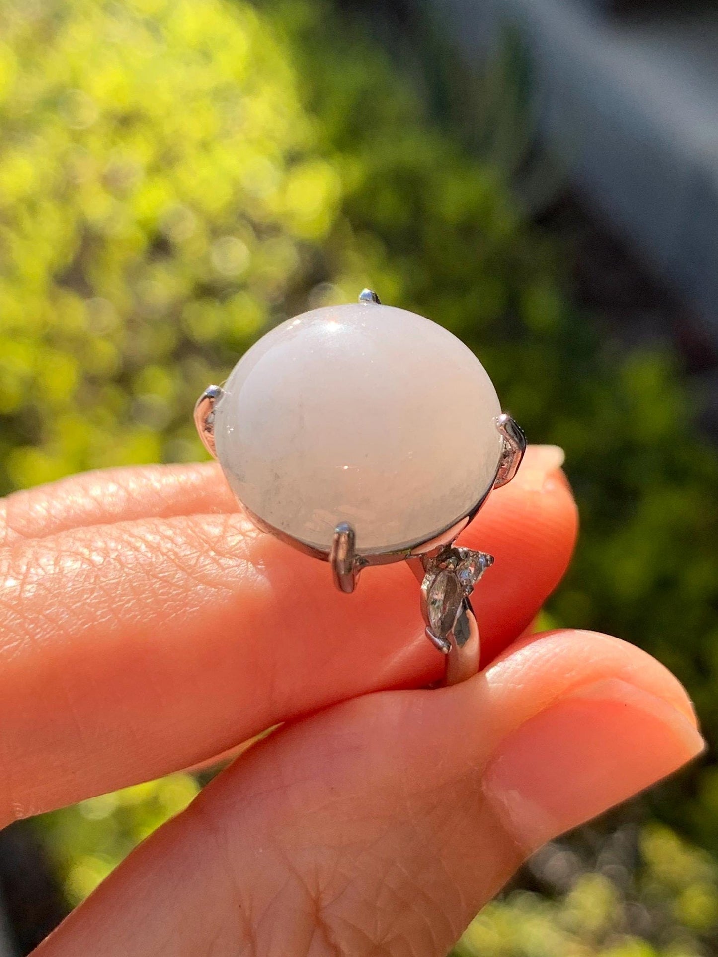 Large Natural Grade A Icy Translucent Wuji Pastel Purple Jade Jadeite Solitaire Ring Sterling Silver Size Adjustable 天然冰乌鸡翡翠大尺寸蛋面银镶戒指 MDW132