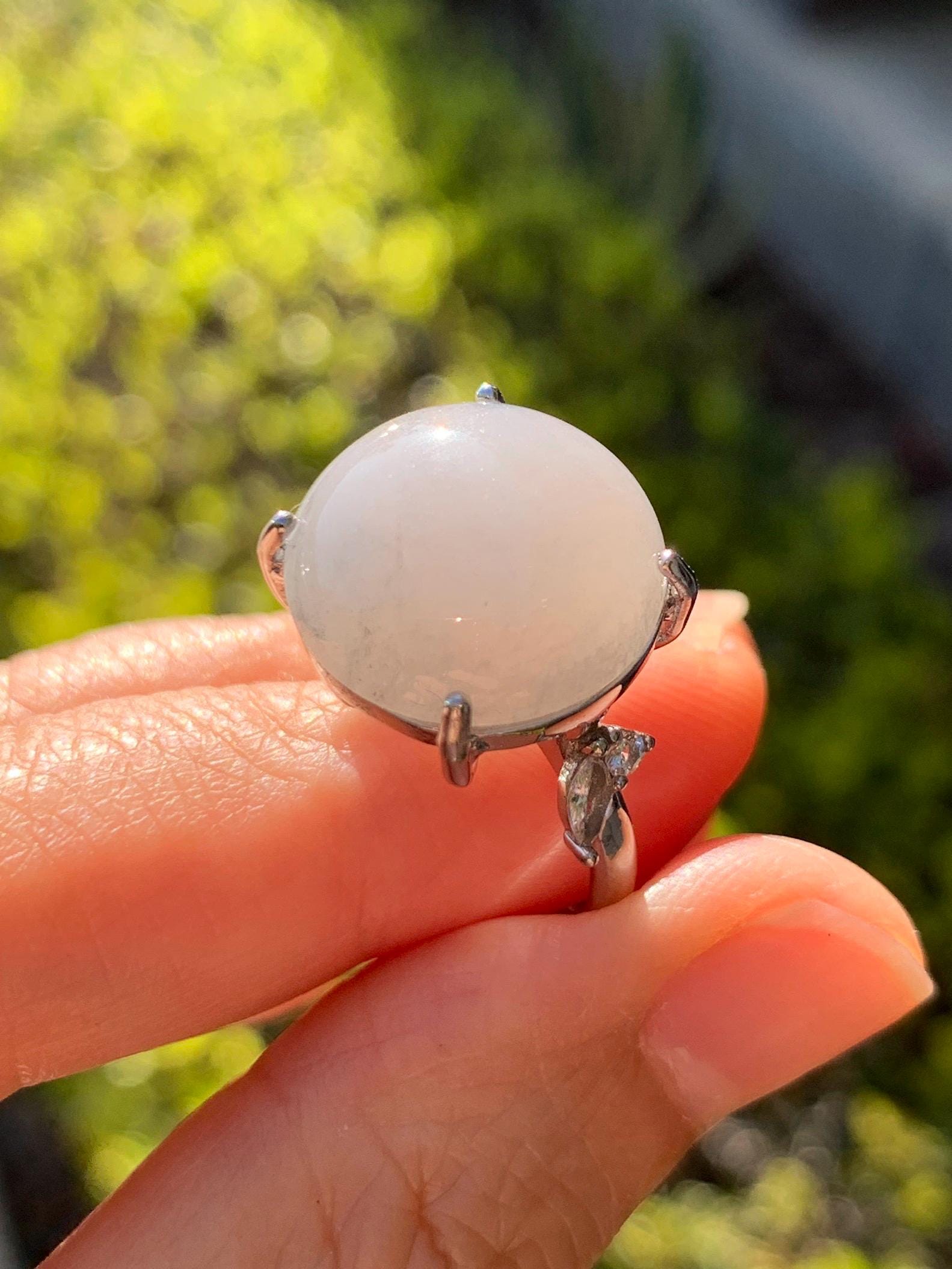 Large Natural Grade A Icy Translucent Wuji Pastel Purple Jade Jadeite Solitaire Ring Sterling Silver Size Adjustable 天然冰乌鸡翡翠大尺寸蛋面银镶戒指 MDW132