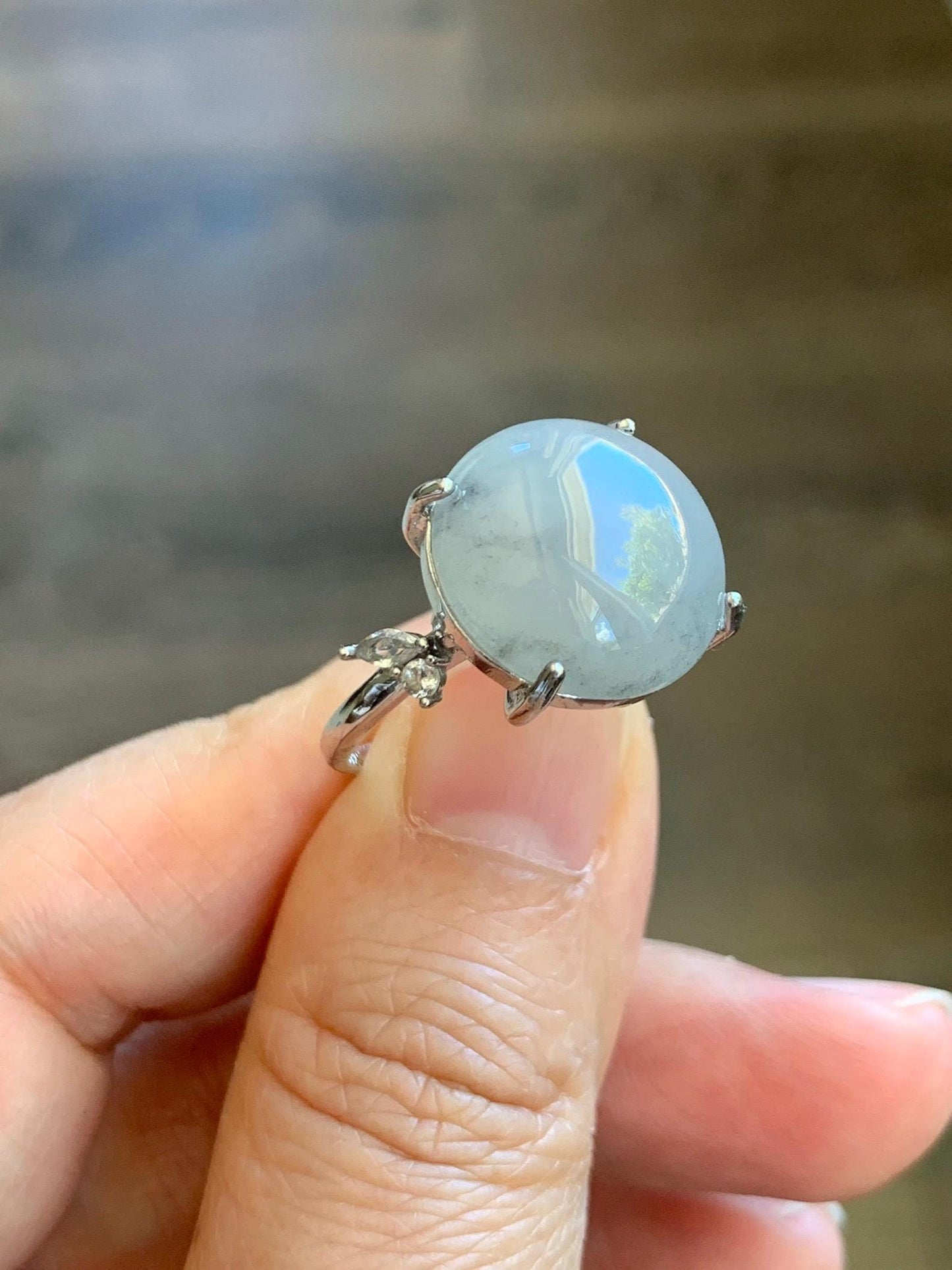 Large Natural Grade A Icy Translucent Wuji Pastel Purple Jade Jadeite Solitaire Ring Sterling Silver Size Adjustable 天然冰乌鸡翡翠大尺寸蛋面银镶戒指 MDW132