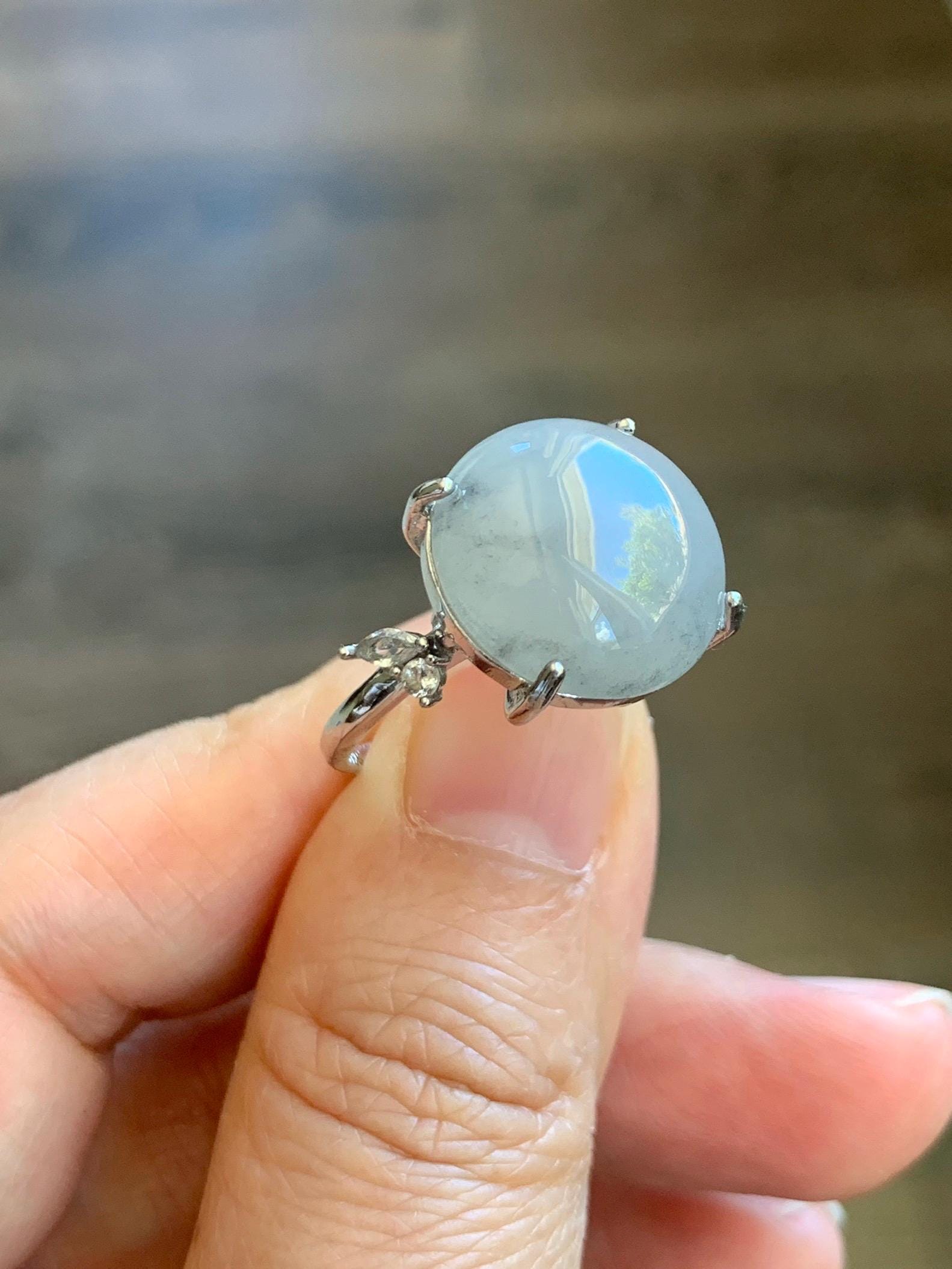 Large Natural Grade A Icy Translucent Wuji Pastel Purple Jade Jadeite Solitaire Ring Sterling Silver Size Adjustable 天然冰乌鸡翡翠大尺寸蛋面银镶戒指 MDW132