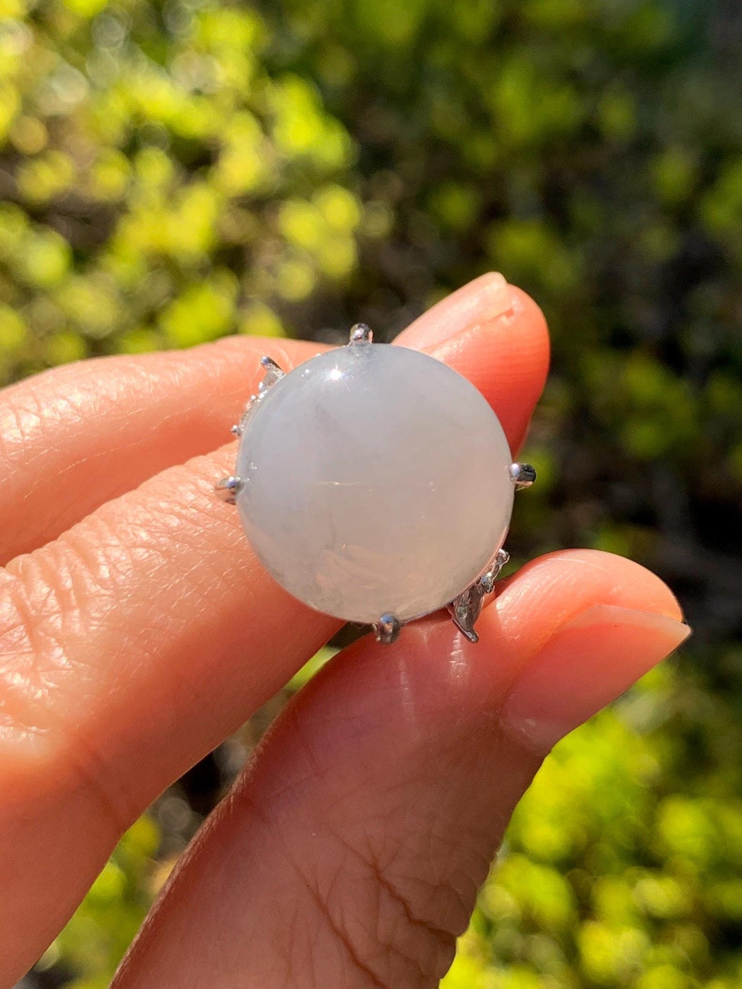 Large Natural Grade A Icy Translucent Wuji Pastel Purple Jade Jadeite Solitaire Ring Sterling Silver Size Adjustable 天然冰乌鸡翡翠大尺寸蛋面银镶戒指 MDW132