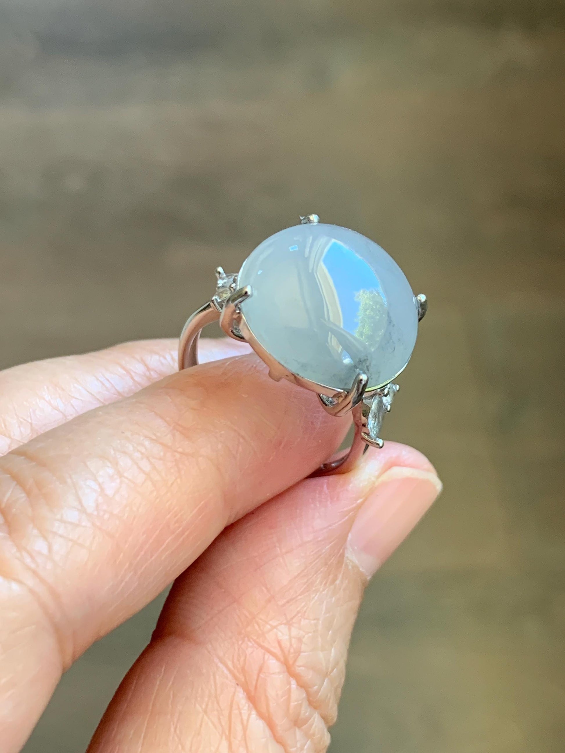 Large Natural Grade A Icy Translucent Wuji Pastel Purple Jade Jadeite Solitaire Ring Sterling Silver Size Adjustable 天然冰乌鸡翡翠大尺寸蛋面银镶戒指 MDW132