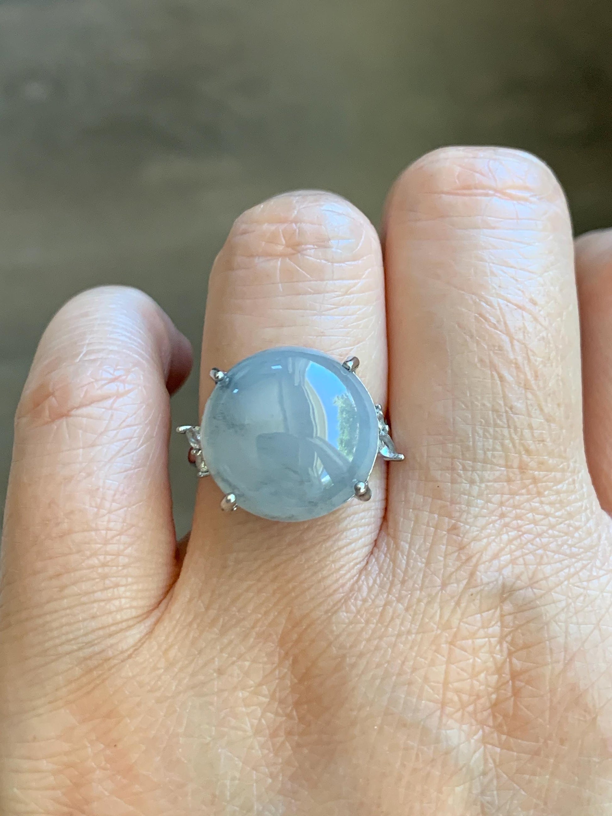 Large Natural Grade A Icy Translucent Wuji Pastel Purple Jade Jadeite Solitaire Ring Sterling Silver Size Adjustable 天然冰乌鸡翡翠大尺寸蛋面银镶戒指 MDW132