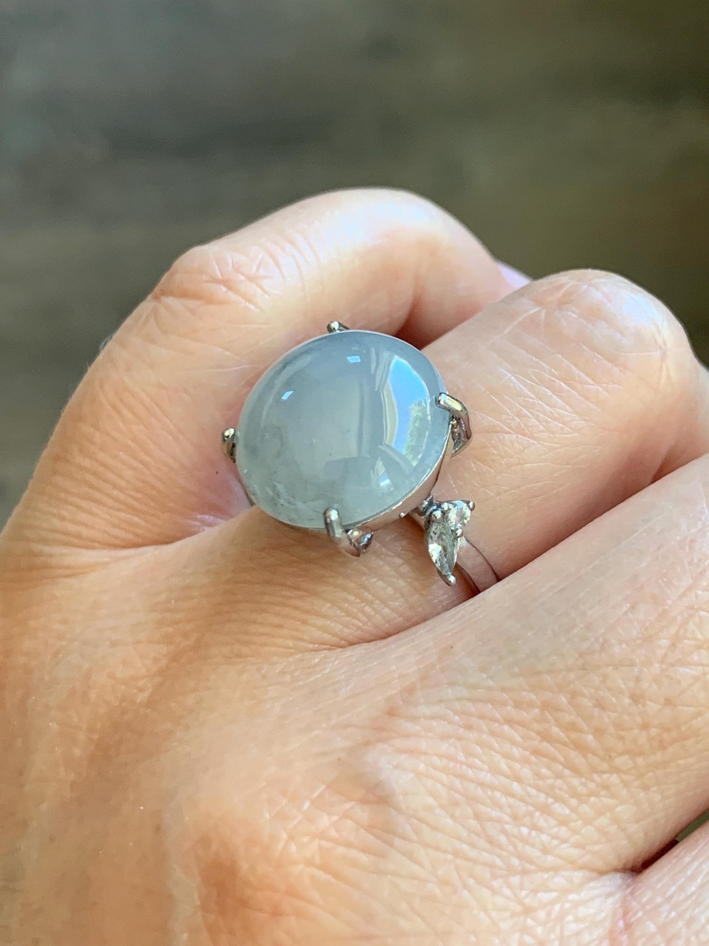 Large Natural Grade A Icy Translucent Wuji Pastel Purple Jade Jadeite Solitaire Ring Sterling Silver Size Adjustable 天然冰乌鸡翡翠大尺寸蛋面银镶戒指 MDW132