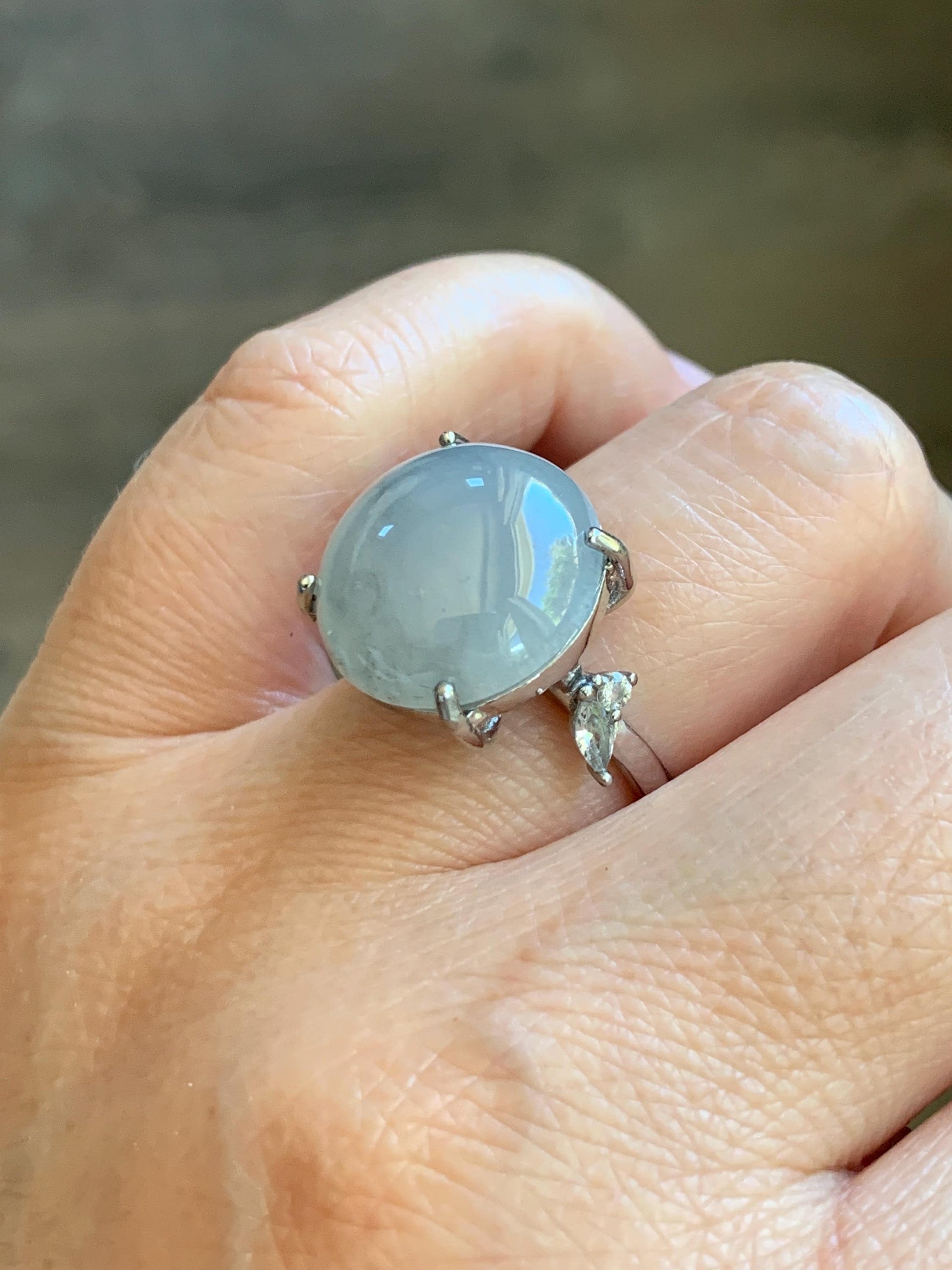 Large Natural Grade A Icy Translucent Wuji Pastel Purple Jade Jadeite Solitaire Ring Sterling Silver Size Adjustable 天然冰乌鸡翡翠大尺寸蛋面银镶戒指 MDW132