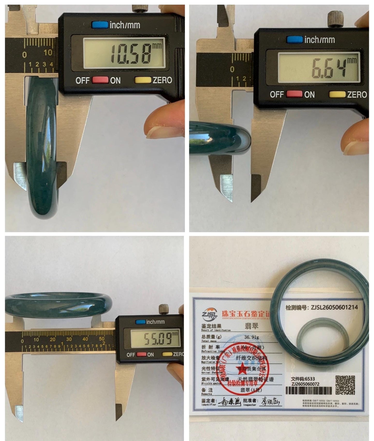 Certified Natural Grade A Guatemalan Icy Translucent Dark Teal Blue Wuji Jade Jadeite Wide Bangle 55.09mm 6.81” 36.9g 天然冰危深蓝绿翡翠正圈宽版手镯 1214