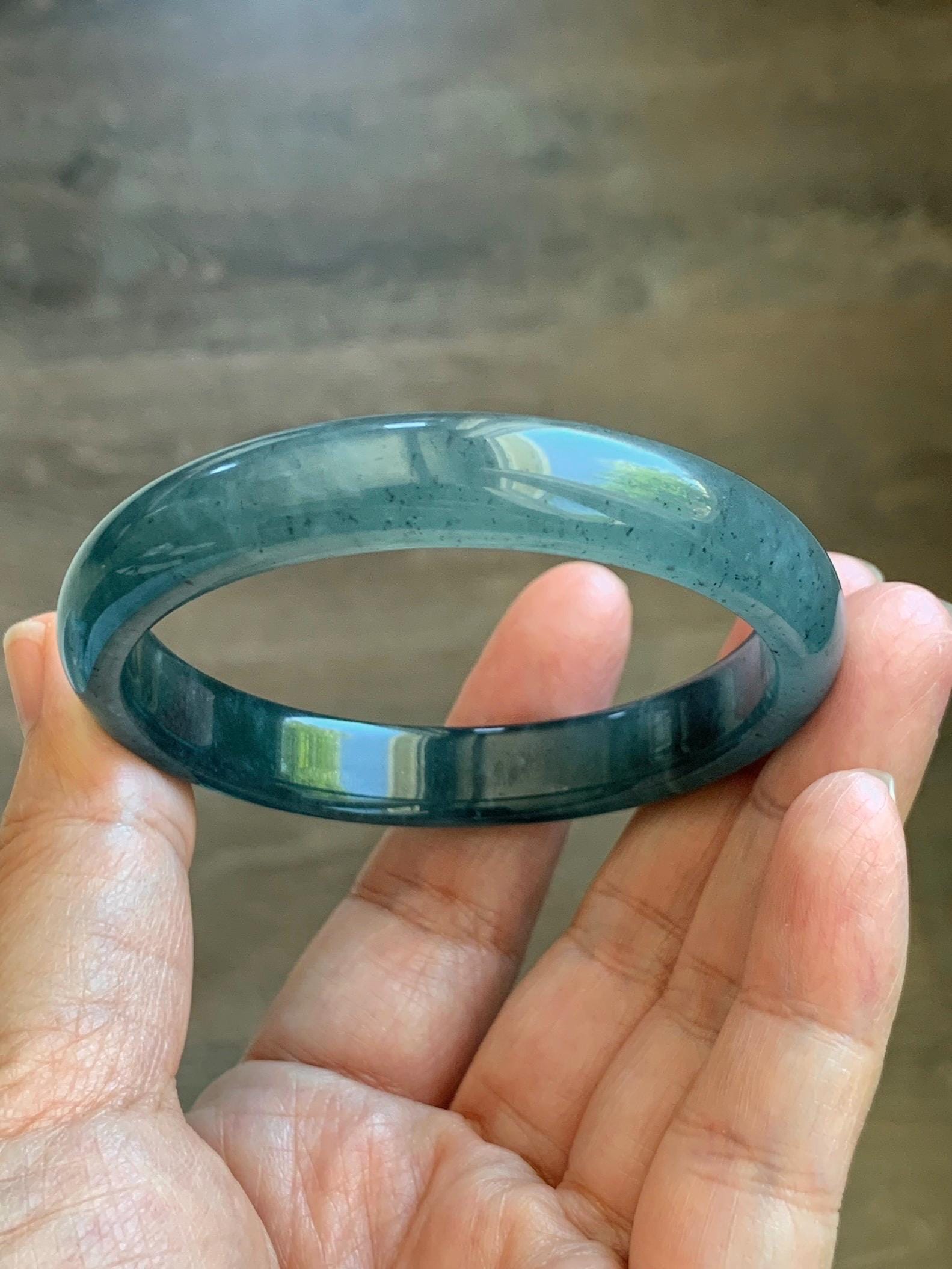 Certified Natural Grade A Guatemalan Icy Translucent Dark Teal Blue Wuji Jade Jadeite Wide Bangle 55.09mm 6.81” 36.9g 天然冰危深蓝绿翡翠正圈宽版手镯 1214