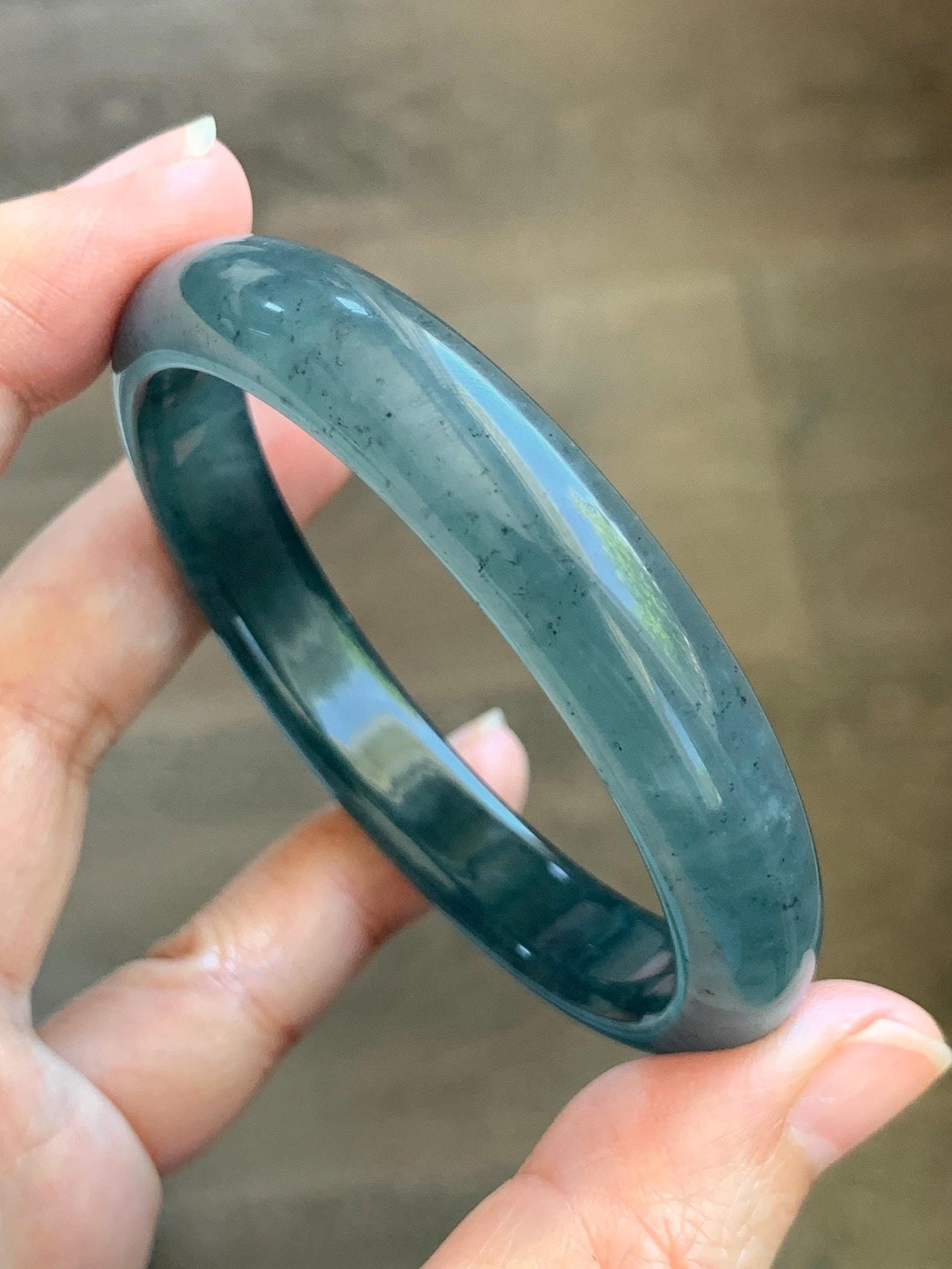 Certified Natural Grade A Guatemalan Icy Translucent Dark Teal Blue Wuji Jade Jadeite Wide Bangle 55.09mm 6.81” 36.9g 天然冰危深蓝绿翡翠正圈宽版手镯 1214